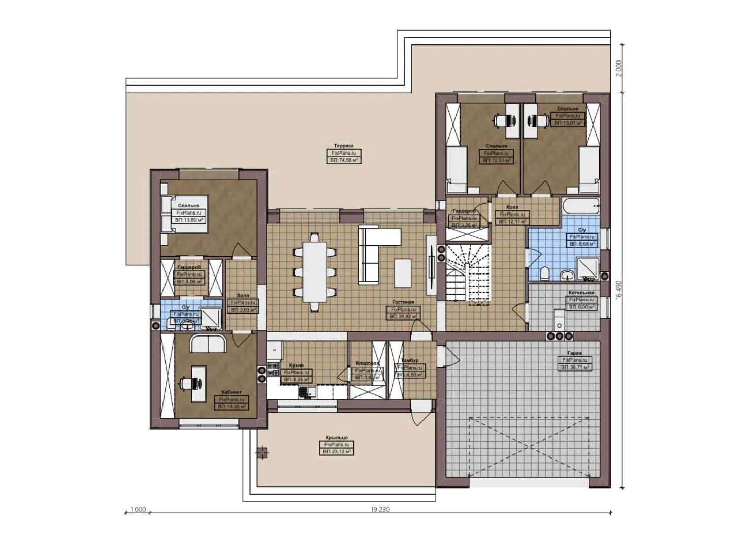F-3671 - Планы дома с мансардой 17 на 20, площадью 380 м² с террасой, гаражом на 2 машины и 3 спальнями