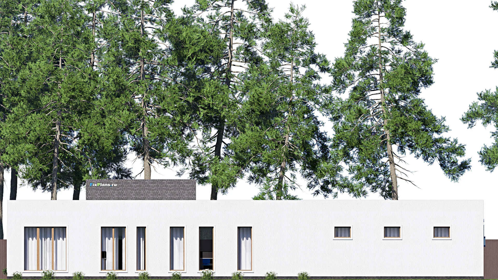 F-18908 - Проект одноэтажного дома 28 на 28, площадью 310 м² с террасой, баней, гаражом на 2 машины и 3 спальнями