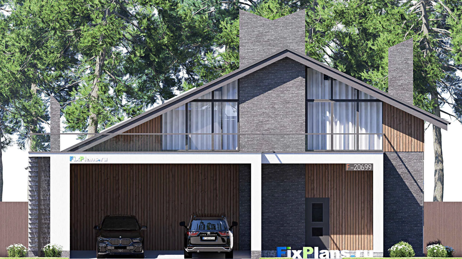 F-20699 - Проект дома с мансардой 16 на 18, площадью 360 м² с террасой, балконом, гаражом на 2 машины и 3 спальнями