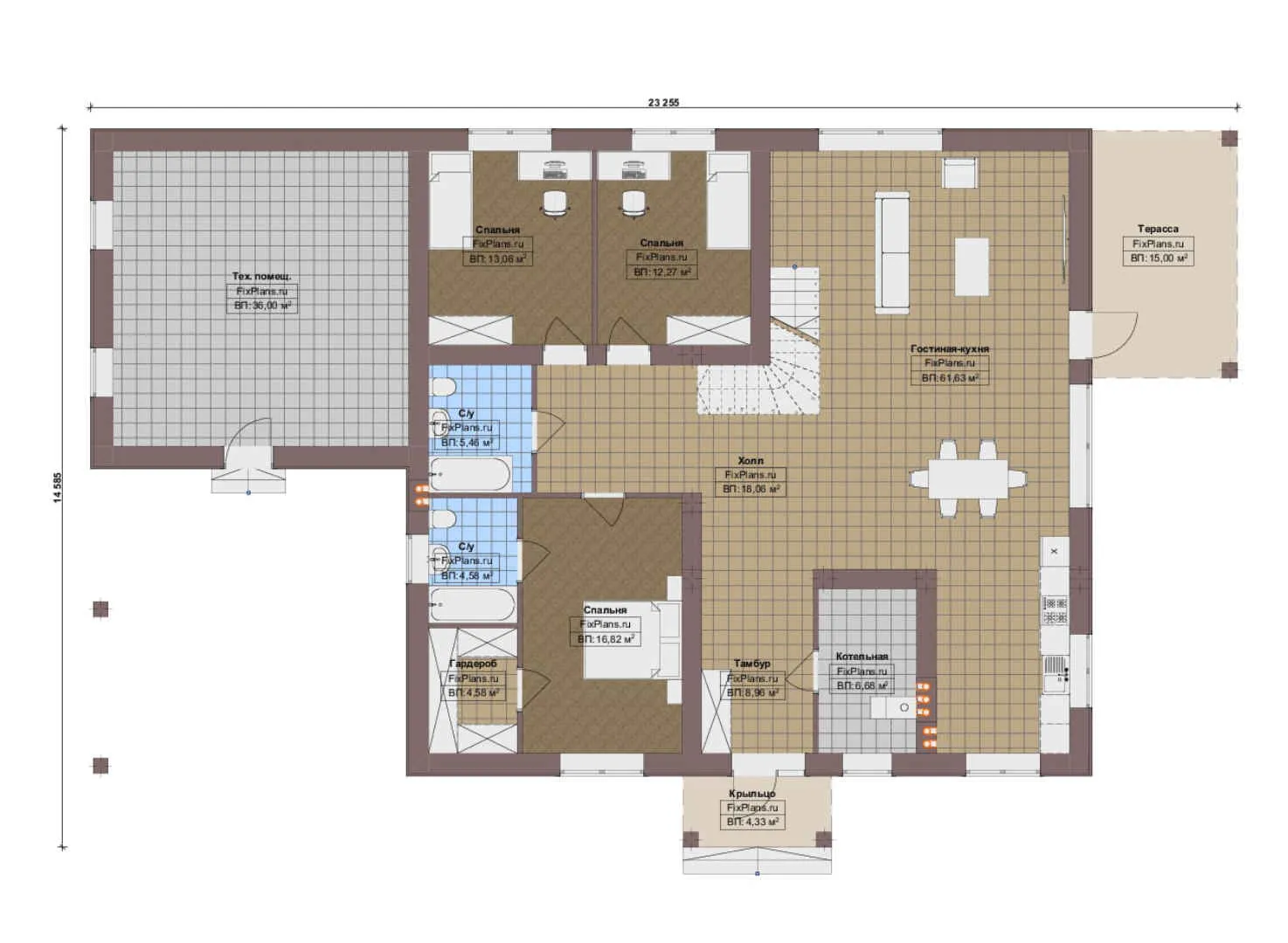F-17432 - Планы дома с мансардой 15 на 24, площадью 310 м² с террасой и 3 спальнями