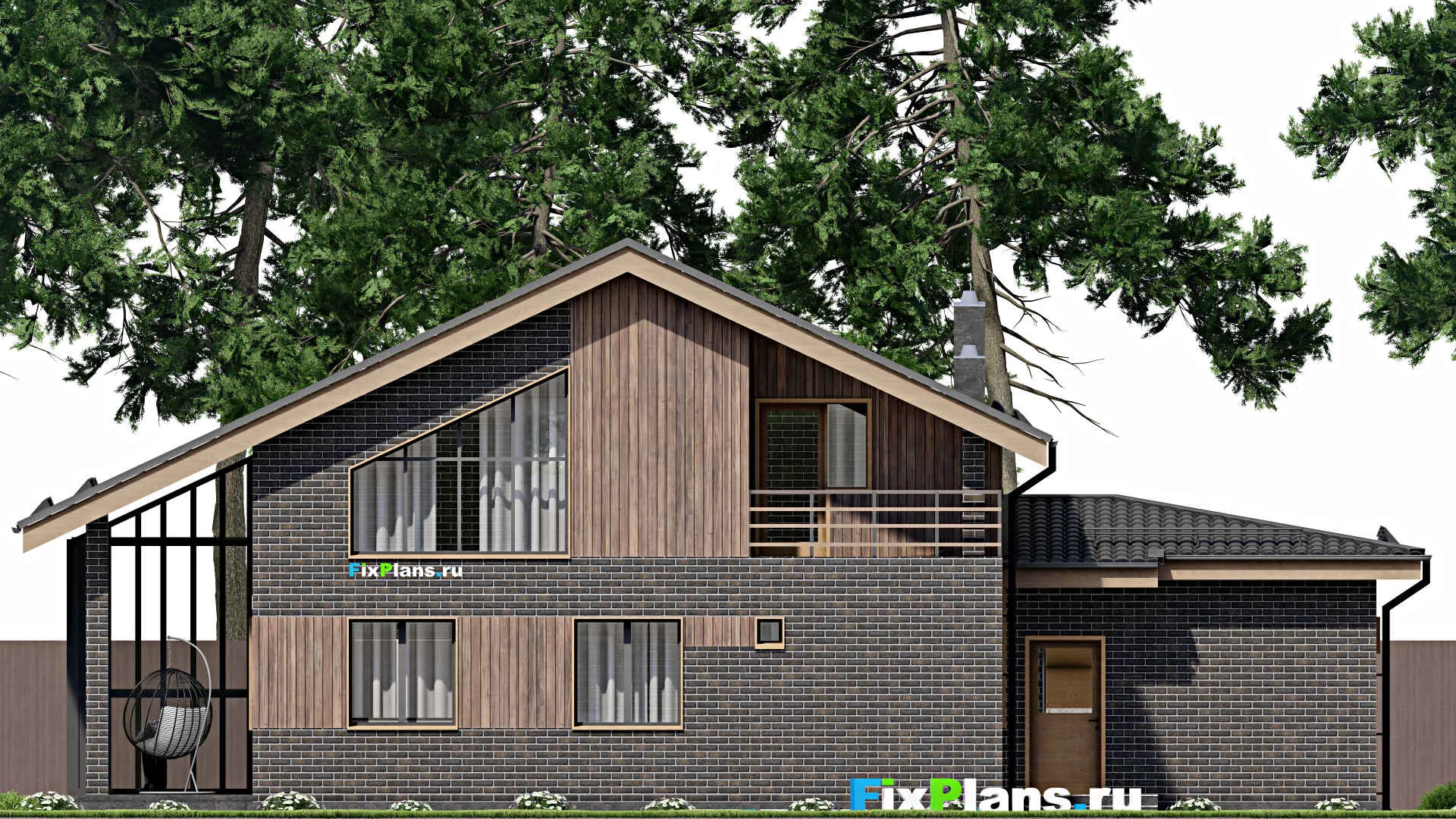 F-4625 - Проект дома с мансардой 13 на 18, площадью 230 м² с террасой, балконом, баней, гаражом на 1 машину и 3 спальнями