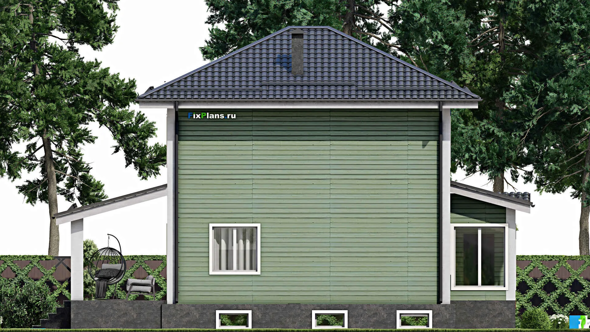 F-5336 - Проект двухэтажного дома 8 на 12, площадью 210 м² с террасой, цокольным этажом и 3 спальнями