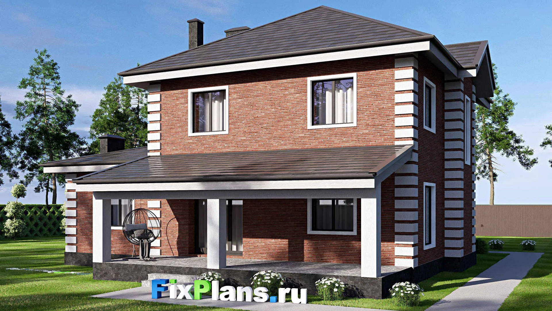 F-19412 - Проект двухэтажного дома 15 на 15, площадью 210 м² с террасой, гаражом на 1 машину и 4 спальнями