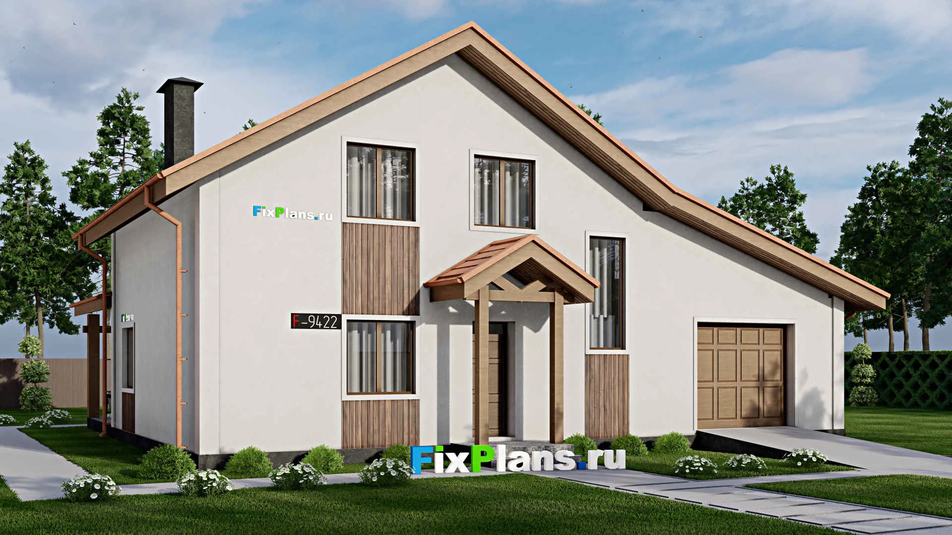 F-9422 - Проект дома с мансардой 15 на 16, площадью 220 м² с террасой, гаражом на 1 машину и 3 спальнями