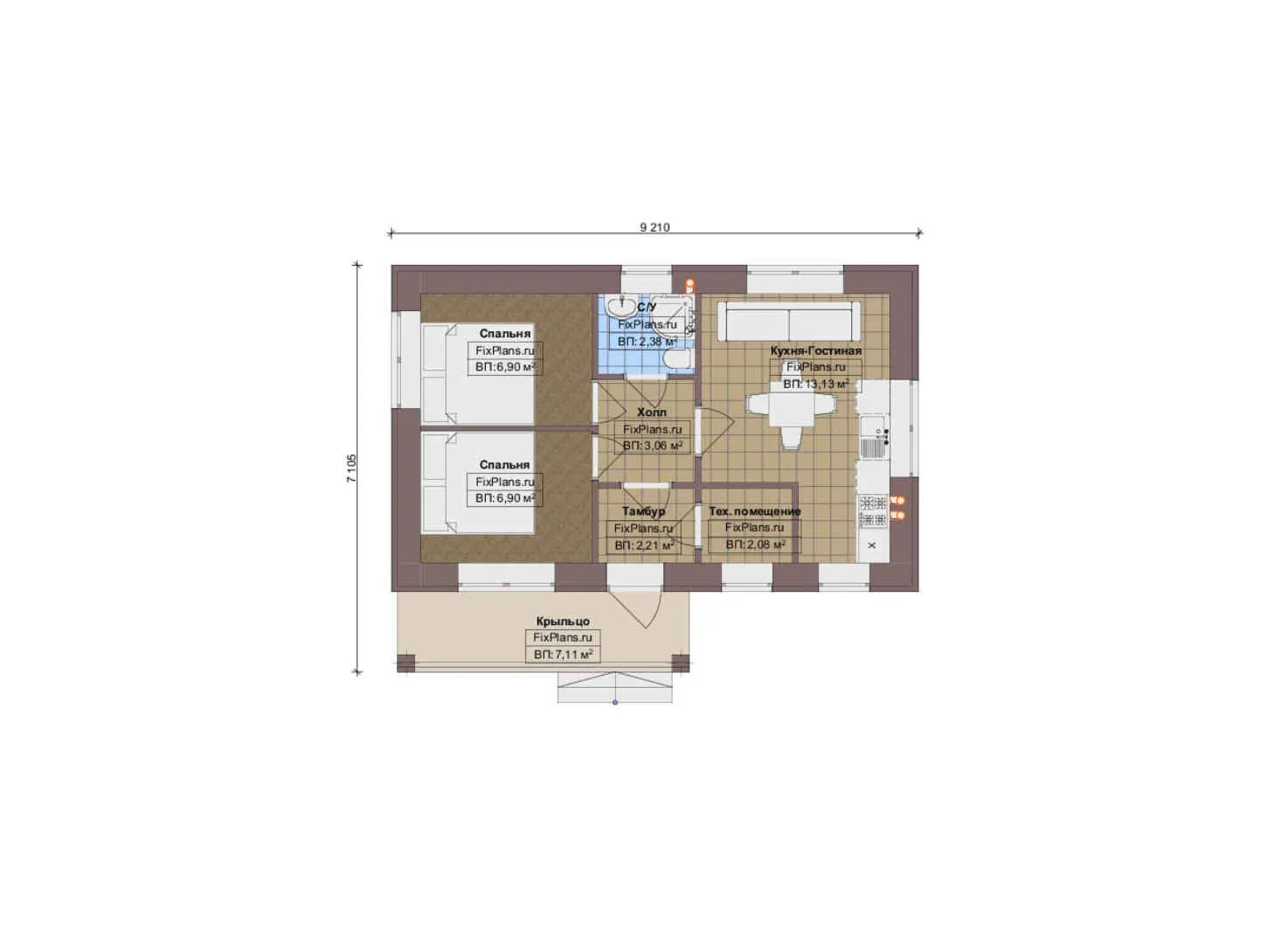 F-18611 - План одноэтажного дома 8 на 10, площадью 50 м² с 2 спальнями