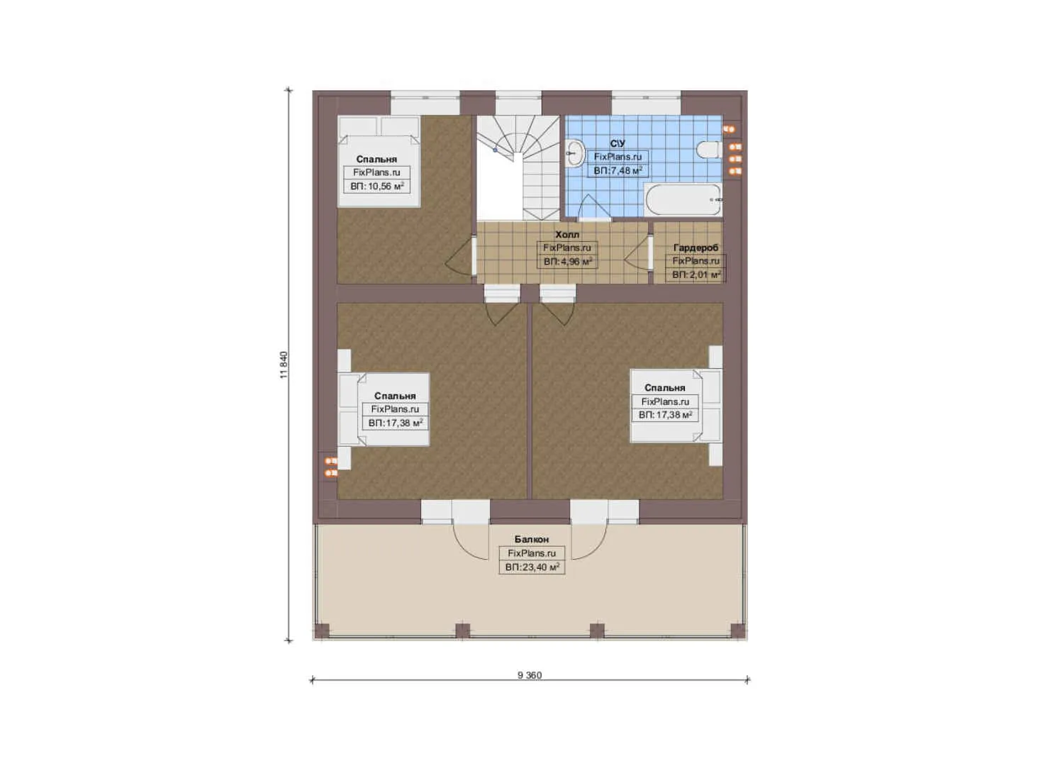 F-18953 - Планы дома с мансардой 12 на 13, площадью 190 м² с террасой, балконом и 4 спальнями