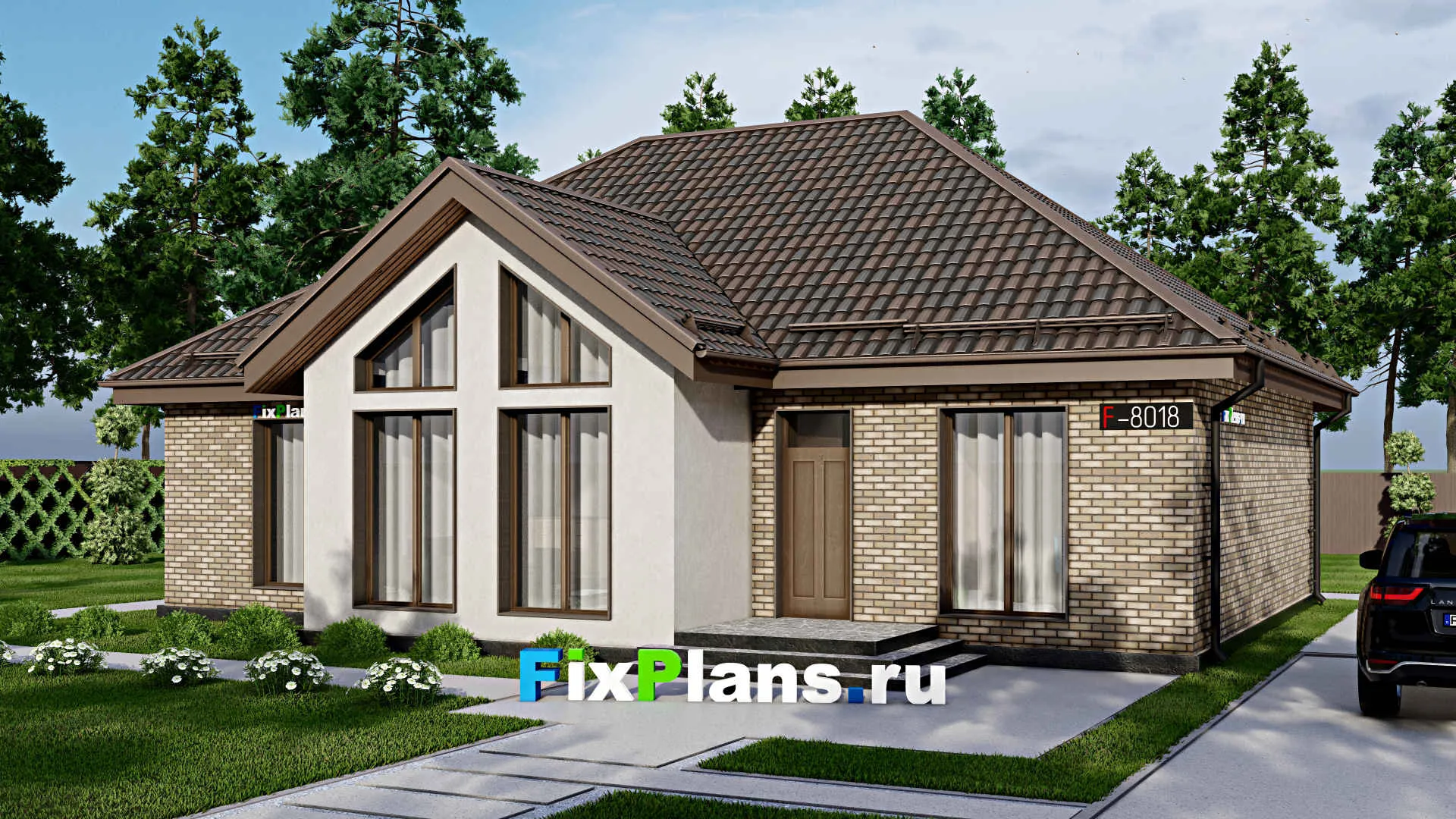 F-8018 - Проект одноэтажного дома 14 на 15, площадью 150 м² с террасой и 3 спальнями