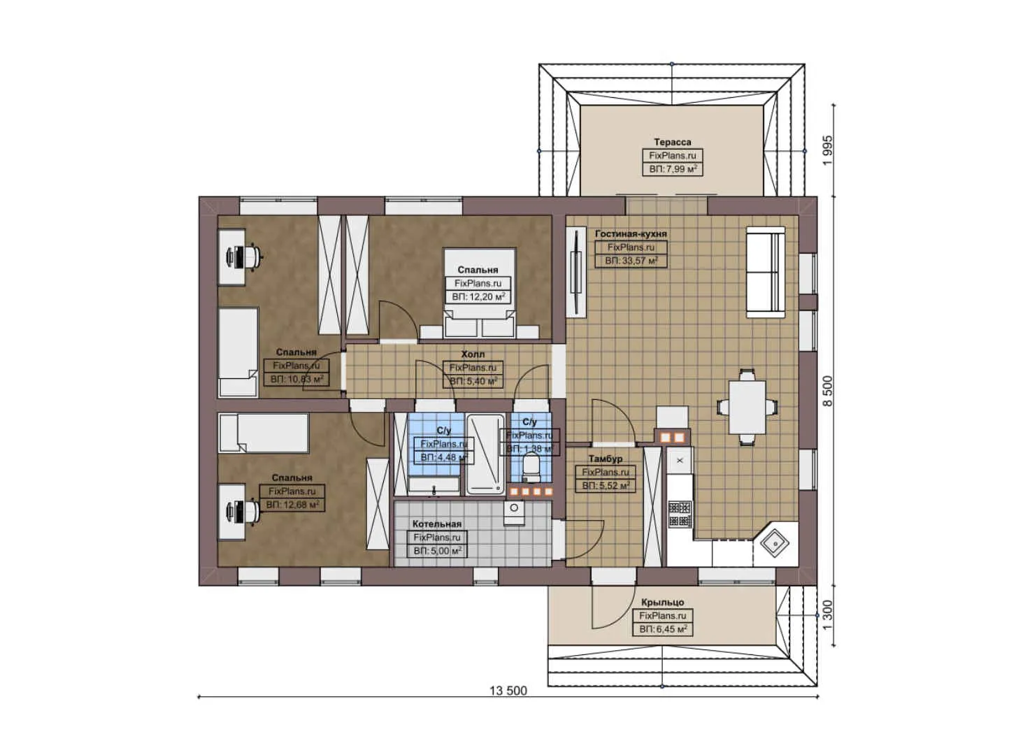 F-3995 - План одноэтажного дома 9 на 14, площадью 110 м² с террасой и 3 спальнями