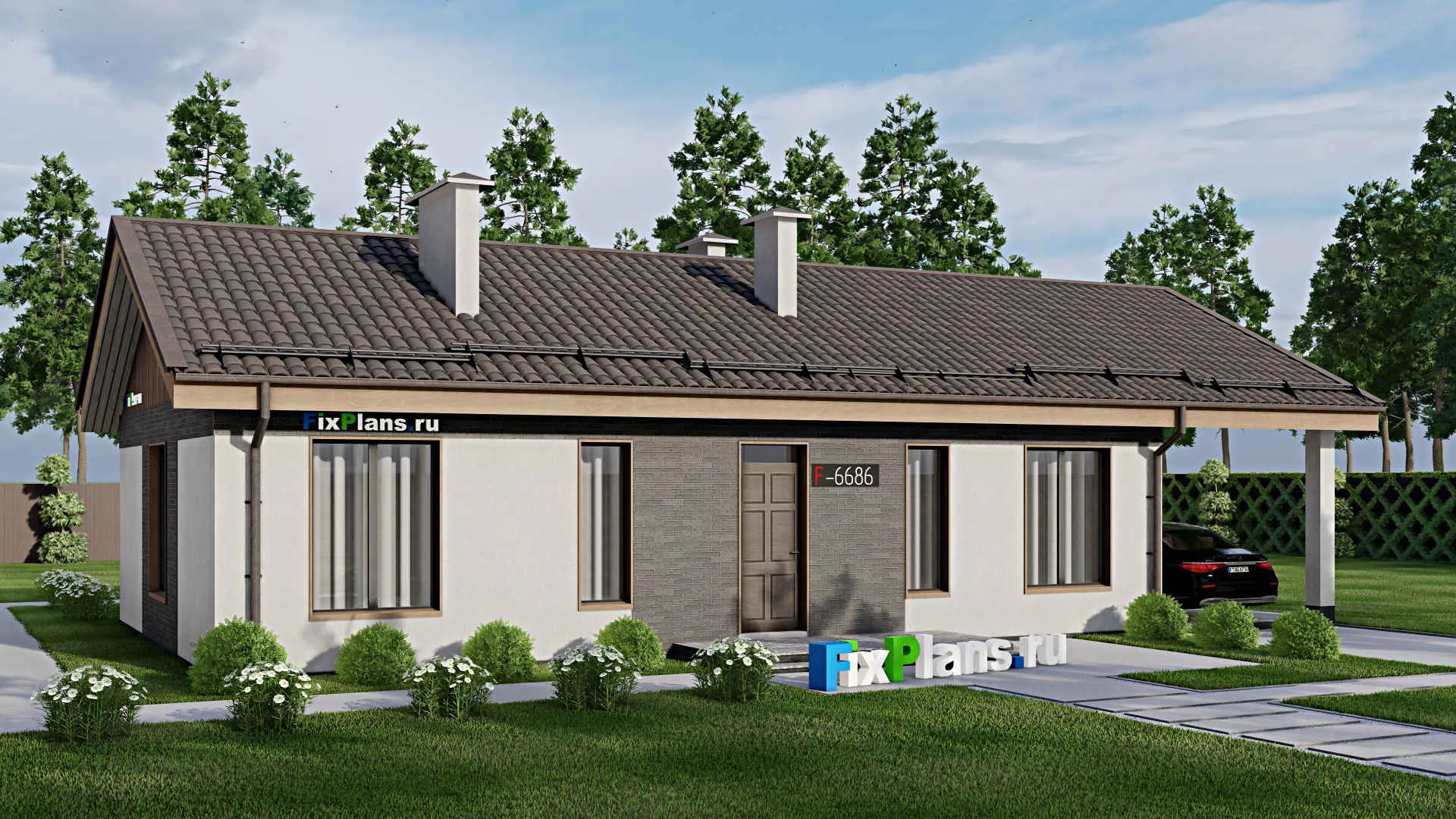 F-6686 - Проект одноэтажного дома 9 на 14, площадью 140 м² с террасой и 2 спальнями