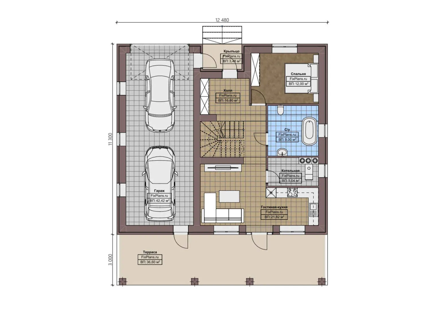 F-3032 - Планы дома с мансардой 13 на 15, площадью 210 м² с террасой, гаражом на 2 машины и 3 спальнями