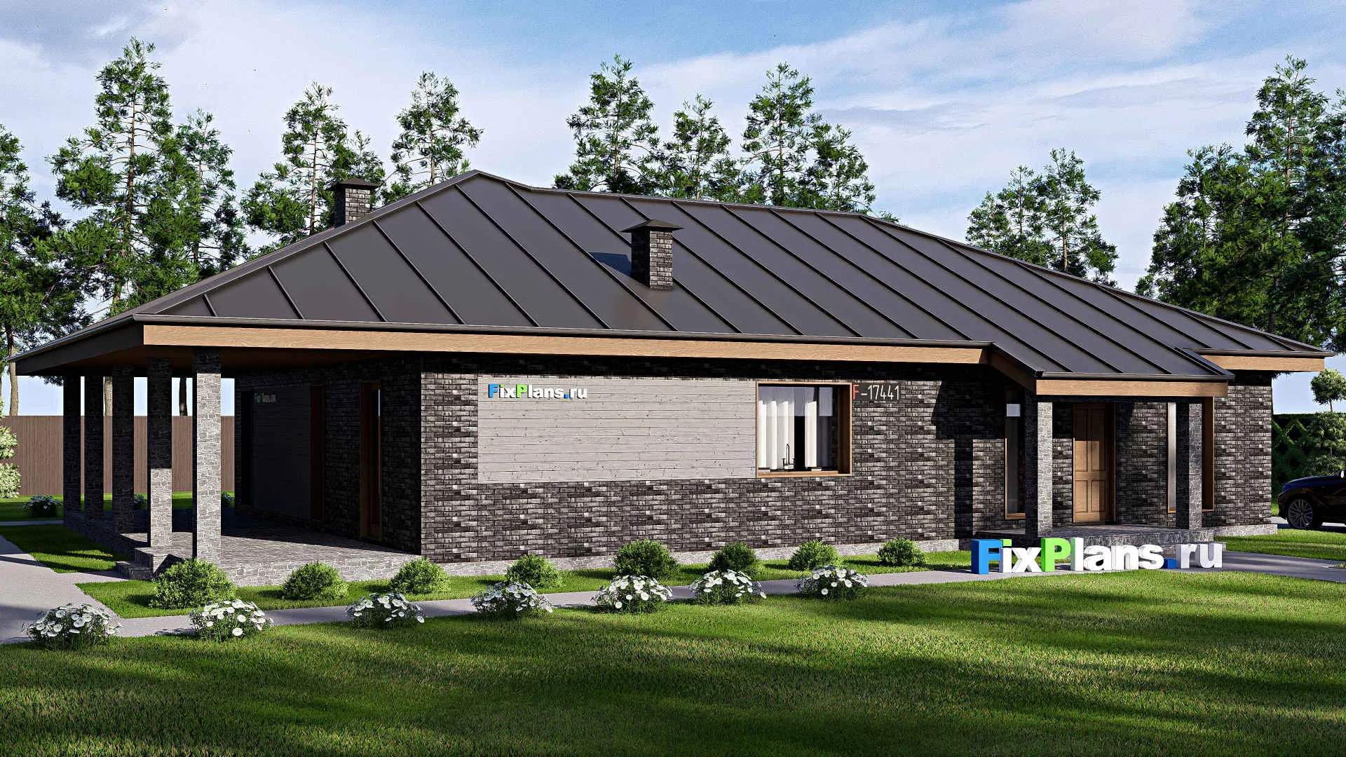 F-17441 - Проект одноэтажного дома 15 на 21, площадью 220 м² с террасой и 3 спальнями