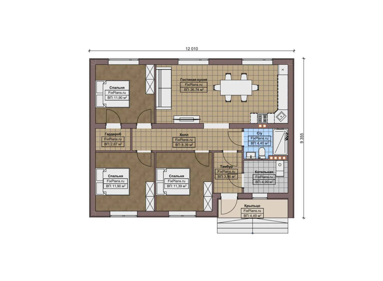 F-11780 - План одноэтажного дома 10 на 13, площадью 100 м² с 3 спальнями