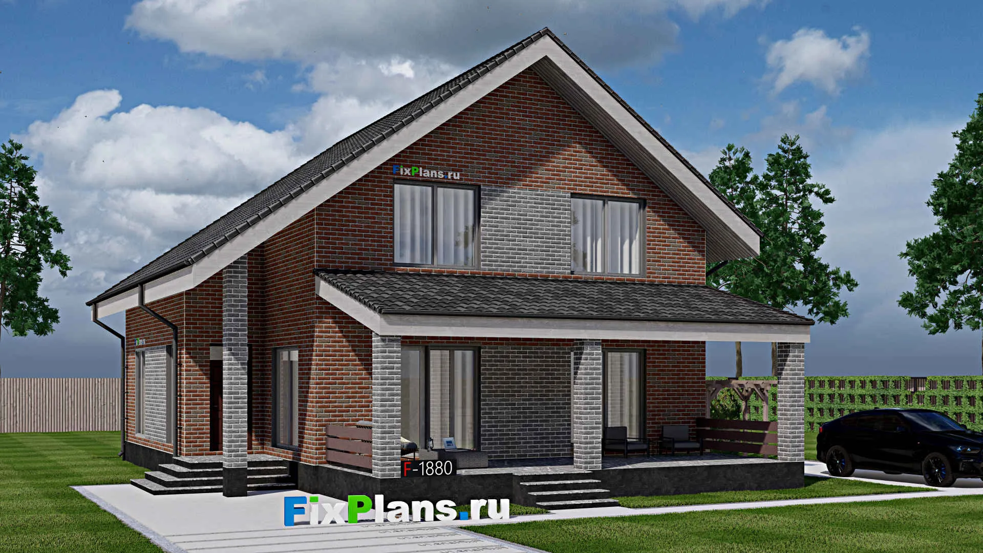 F-1880 - Проект дома с мансардой 12 на 12, площадью 210 м² с террасой и 4 спальнями