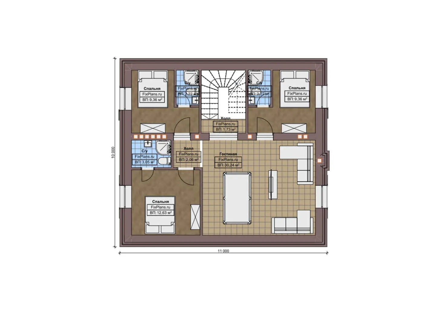 F-9395 - Планы дома с мансардой 11 на 13, площадью 240 м² с цокольным этажом, баней и 5 спальнями