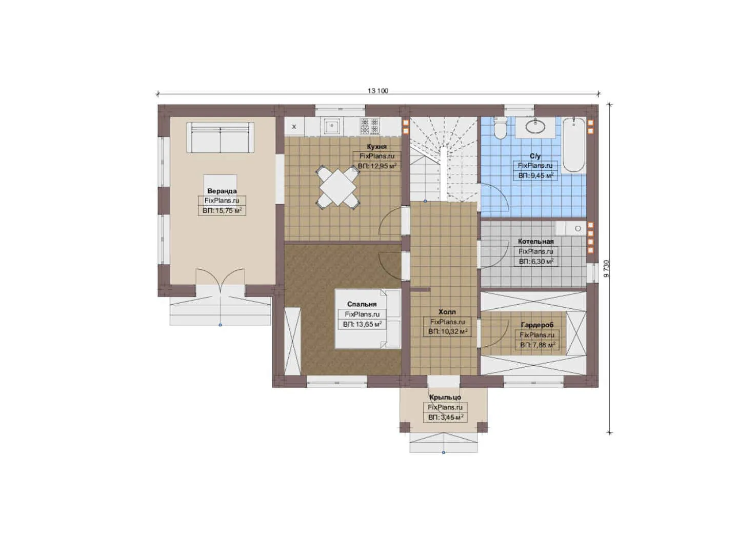 F-10043 - Планы дома с мансардой 10 на 14, площадью 140 м² с террасой и 4 спальнями