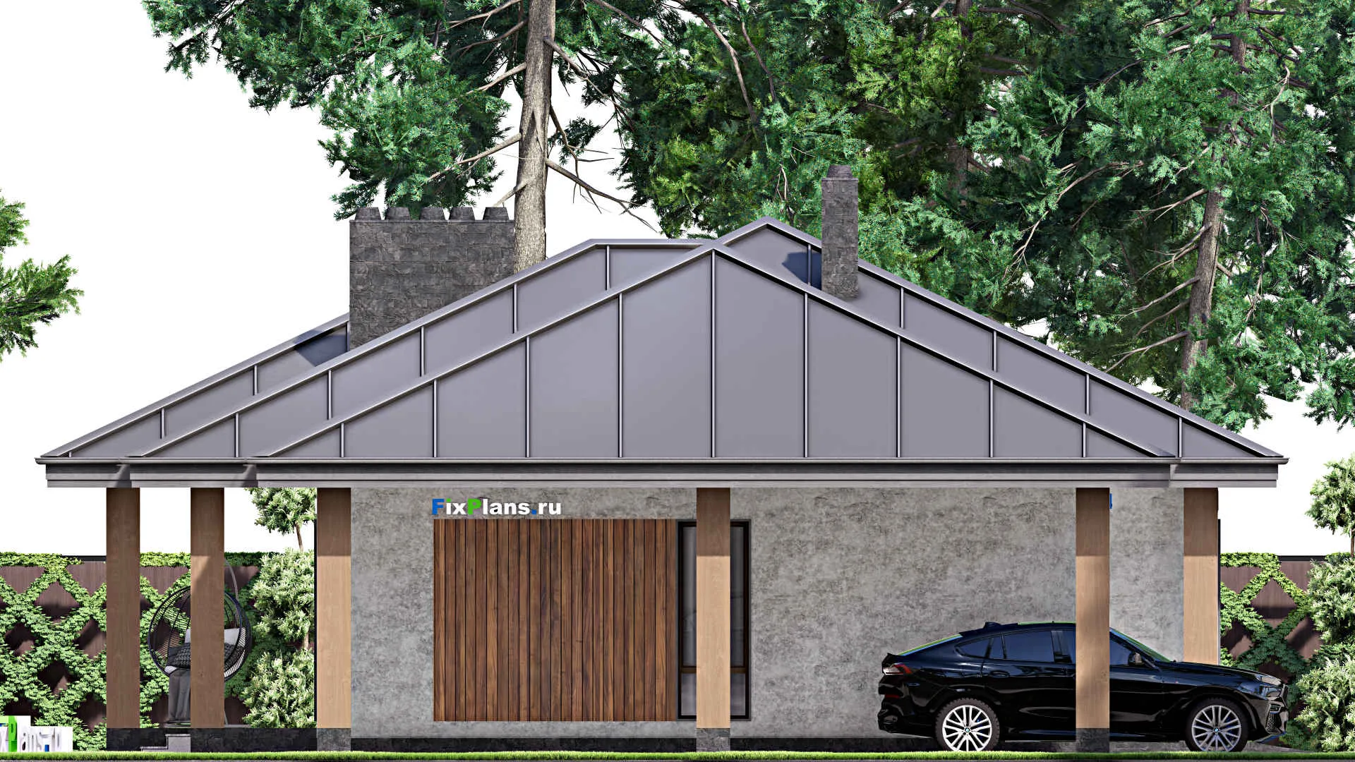 F-14588 - Проект одноэтажного дома 14 на 21, площадью 200 м² с террасой, гаражом на 1 машину и 2 спальнями