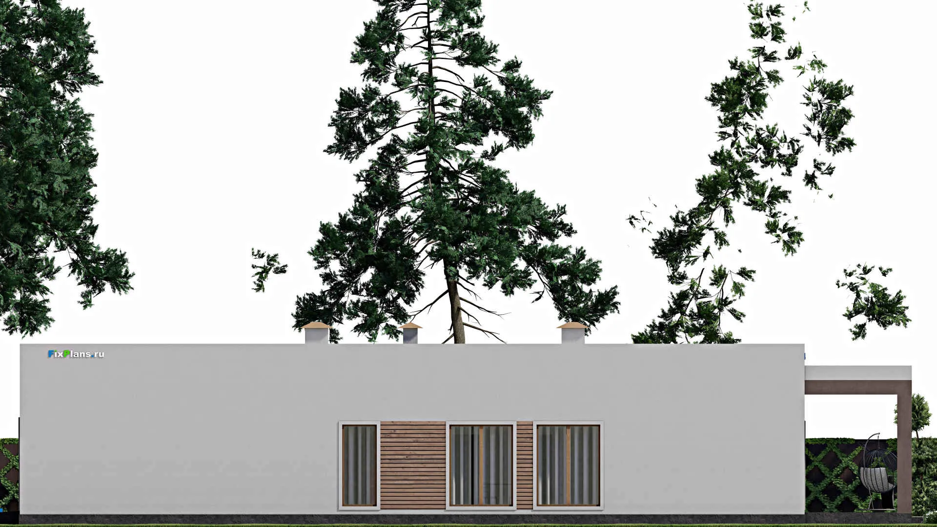 F-8765 - Проект одноэтажного дома 18 на 25, площадью 330 м² с террасой, гаражом на 2 машины и 3 спальнями