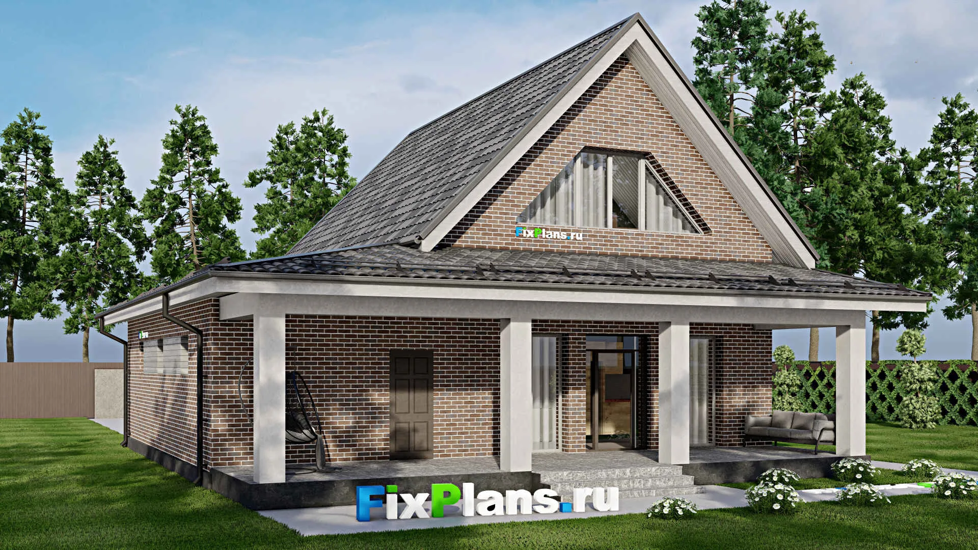 F-3032i - Проект дома с мансардой 13 на 15, площадью 210 м² с террасой, гаражом на 2 машины и 3 спальнями