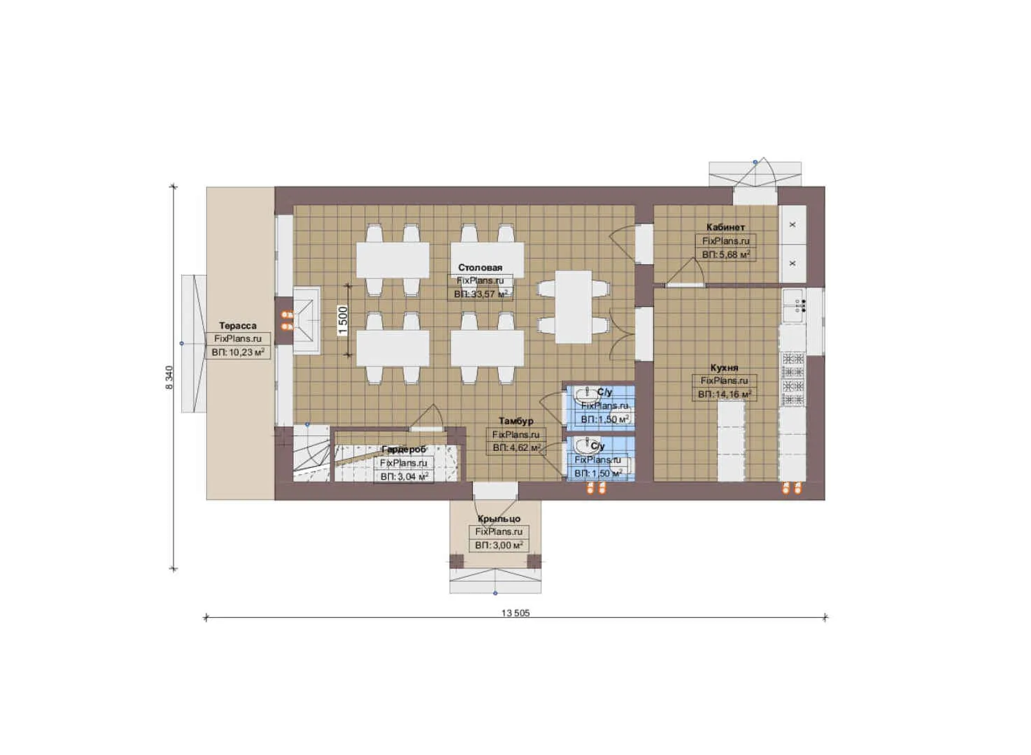 F-13292 - Планы дома с мансардой 9 на 14, площадью 140 м² с террасой и 2 спальнями