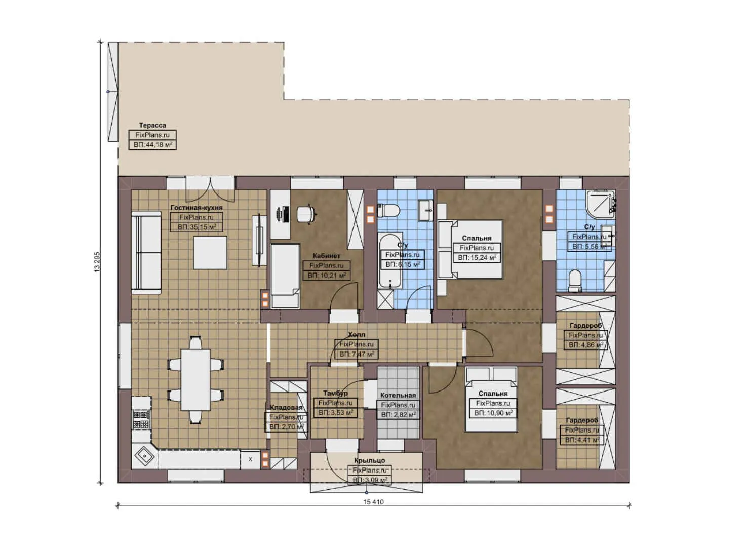 F-9377 - План одноэтажного дома 14 на 16, площадью 160 м² с террасой и 2 спальнями