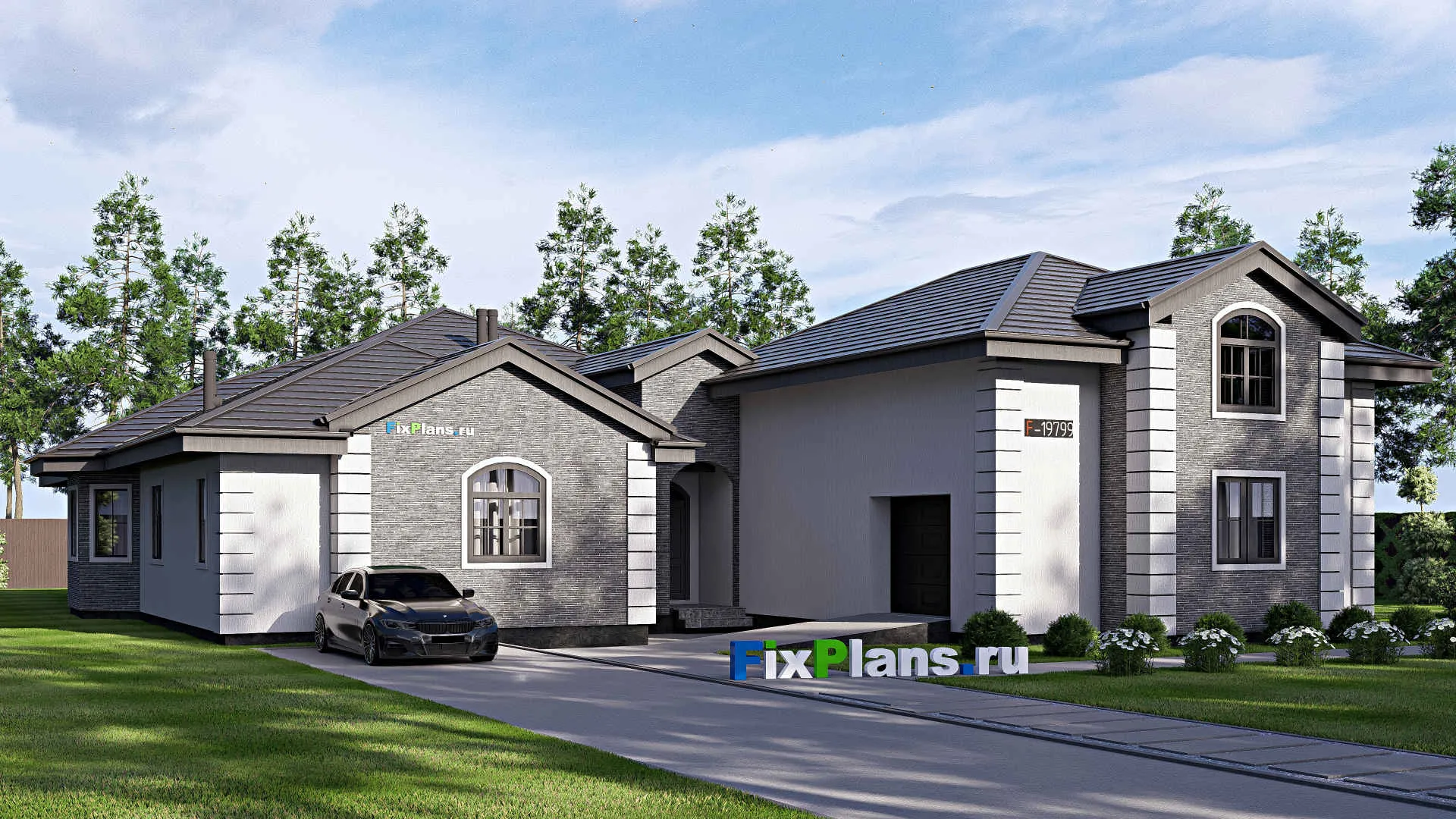 F-19799 - Проект дома с мансардой 21 на 29, площадью 410 м² с террасой, гаражом на 2 машины и 3 спальнями