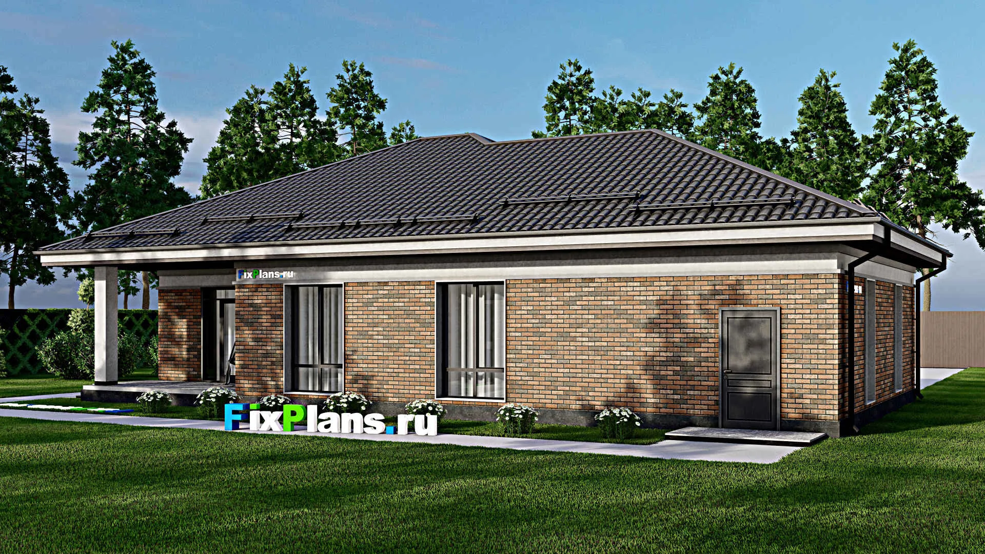 F-2555 - Проект одноэтажного дома 12 на 18, площадью 180 м² с террасой, гаражом на 2 машины и 3 спальнями