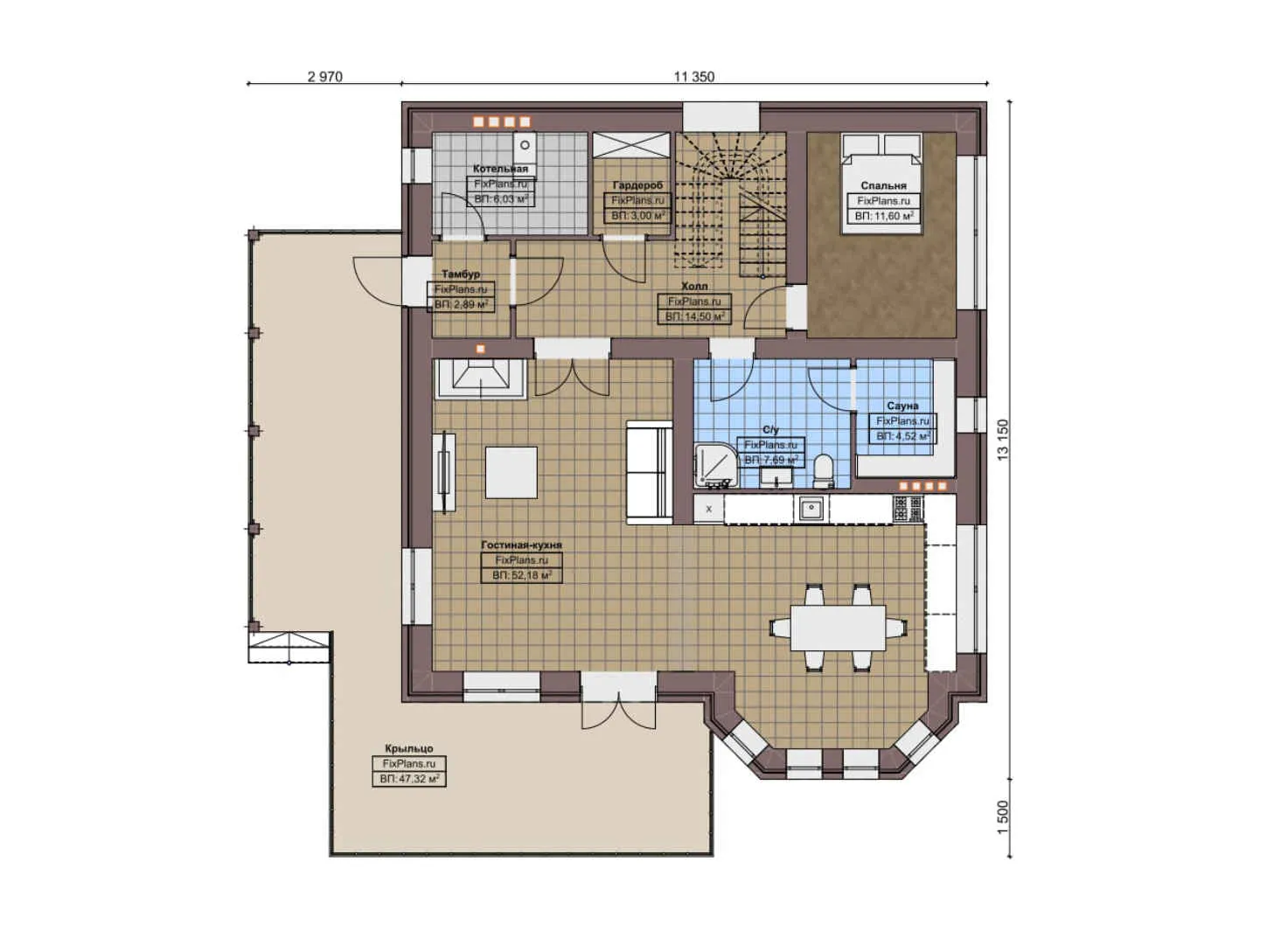 F-6002 - Планы дома с мансардой 12 на 14, площадью 230 м² с баней и 4 спальнями
