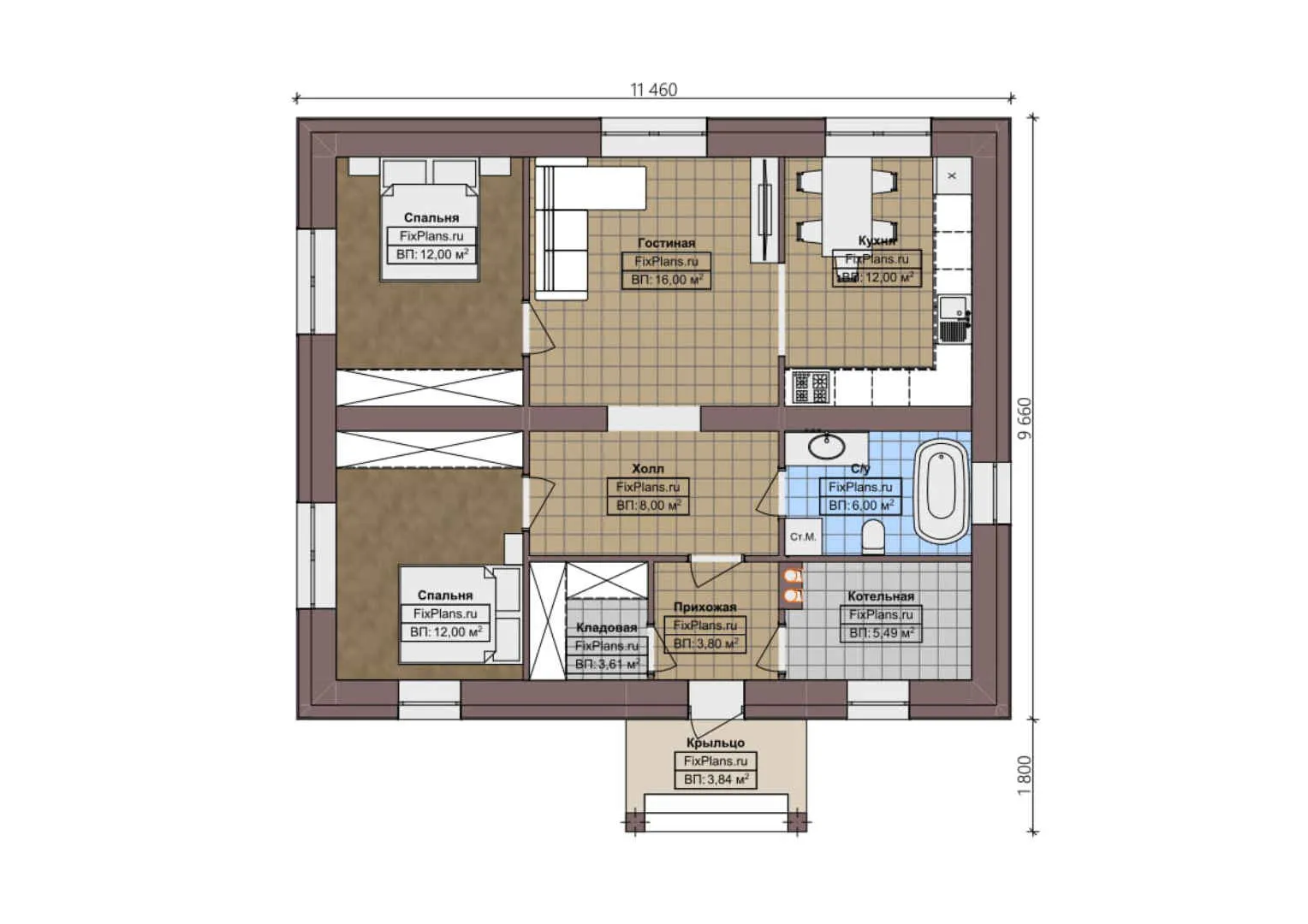 F-0728 - План одноэтажного дома 10 на 12, площадью 90 м² с 2 спальнями