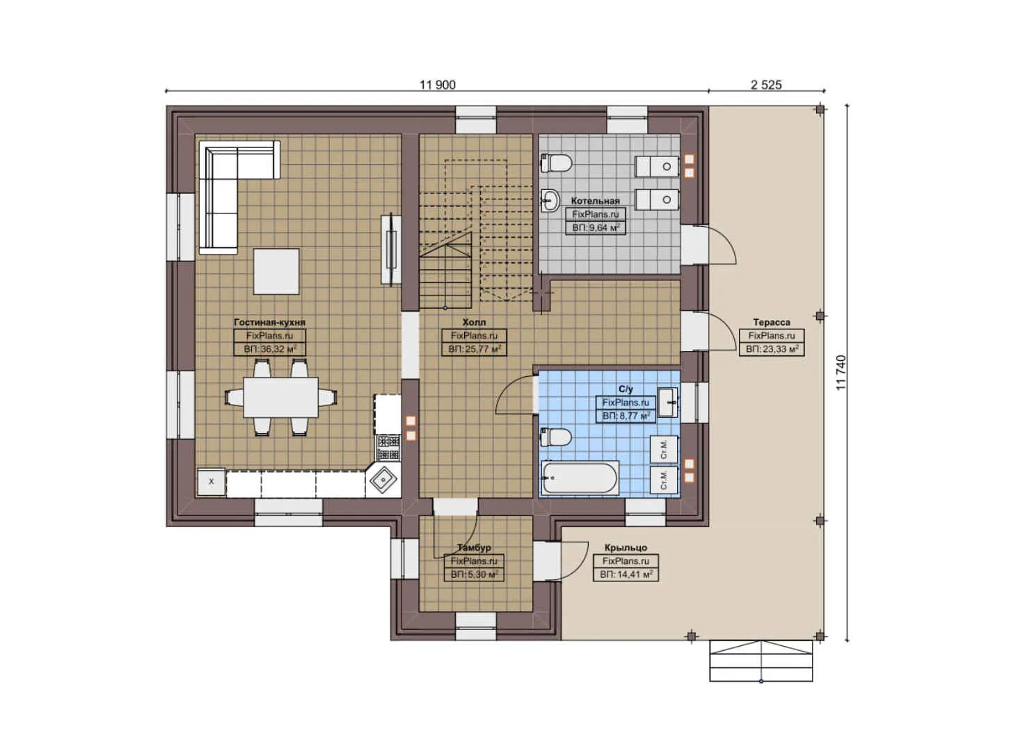 F-5786 - Планы дома с мансардой 12 на 12, площадью 210 м² с террасой и 3 спальнями