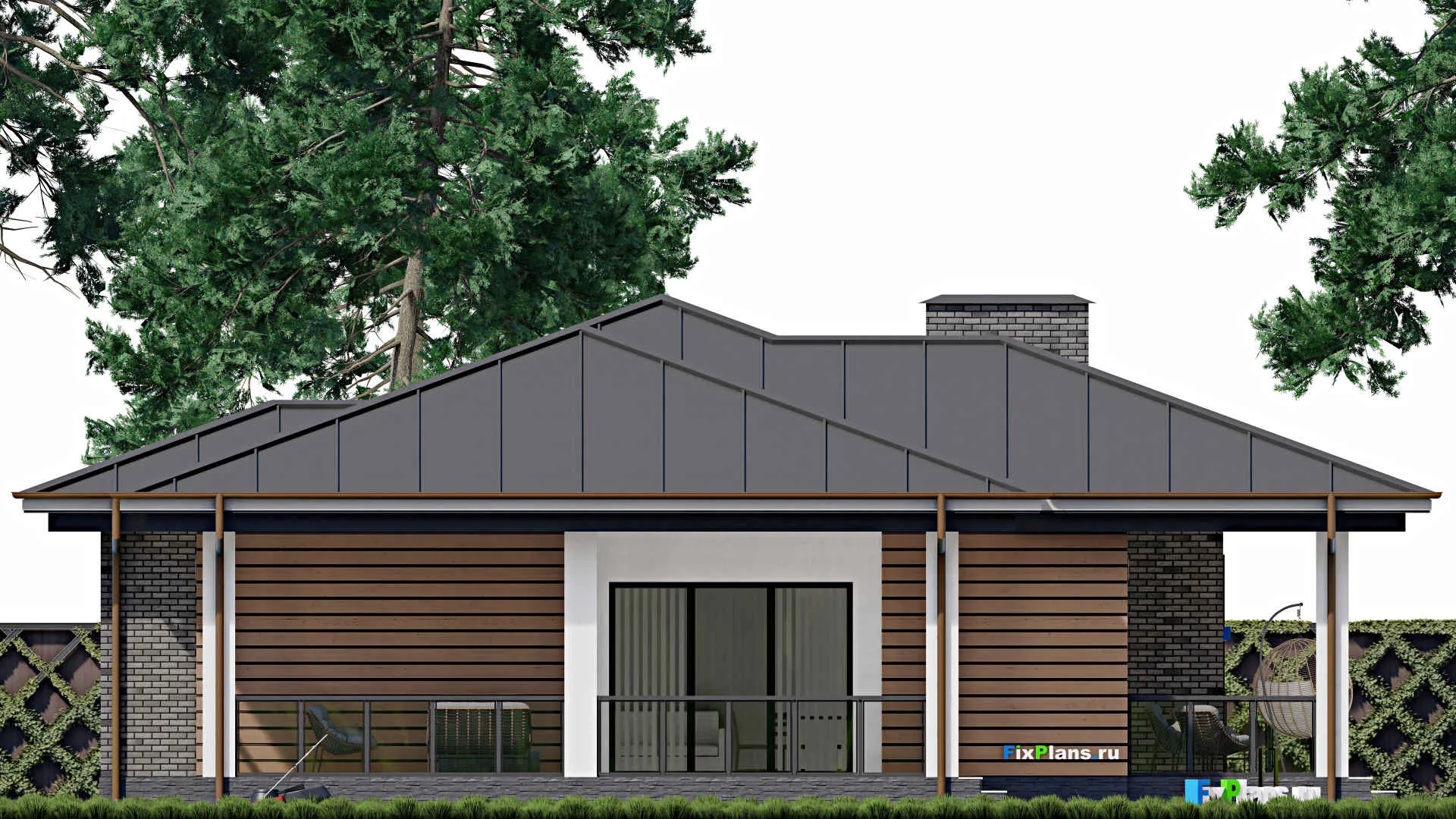 F-0053 - Проект одноэтажного дома 16 на 17, площадью 180 м² с террасой и 5 спальнями