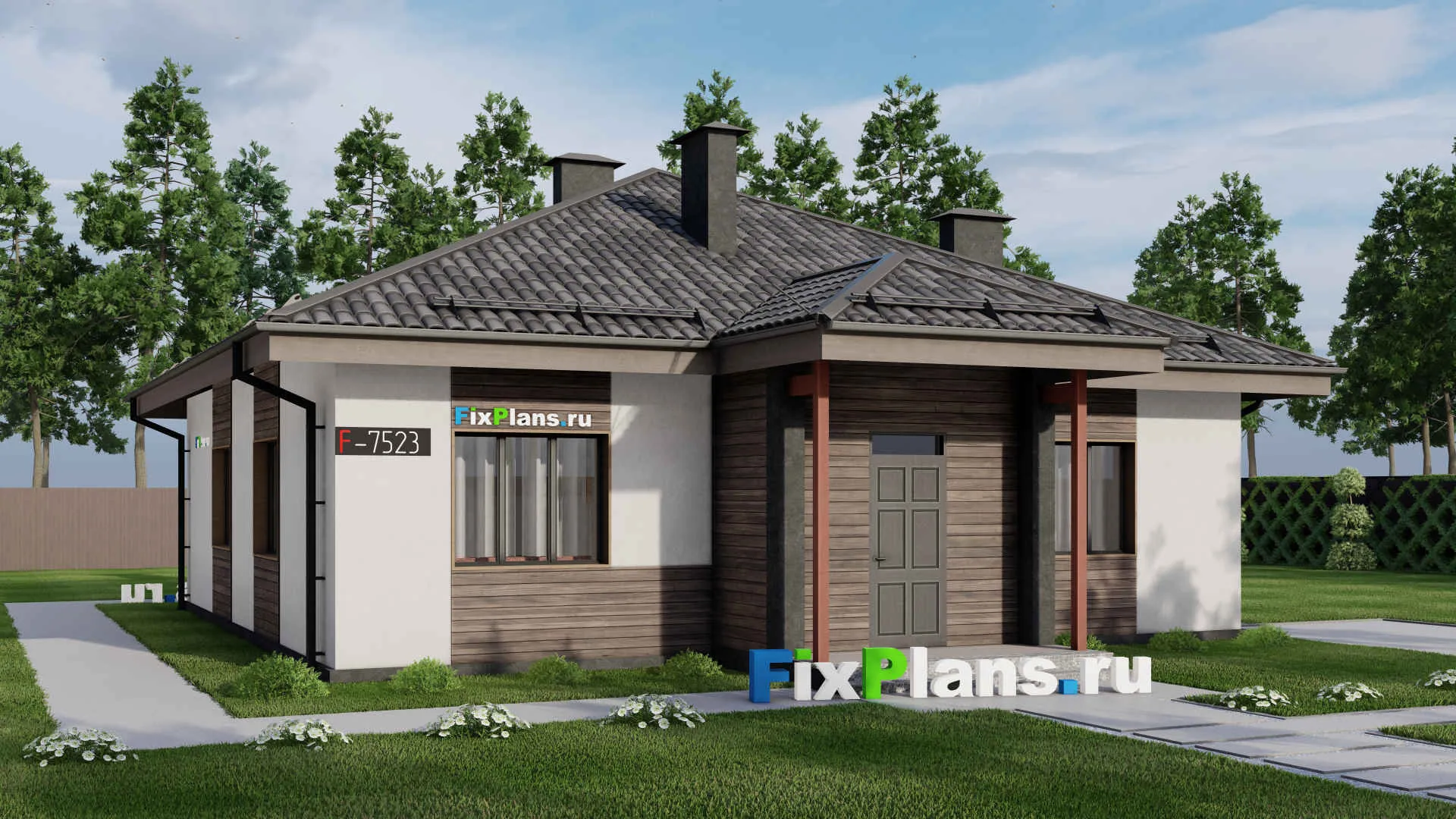 F-7523 - Проект одноэтажного дома 13 на 15, площадью 120 м² с 3 спальнями
