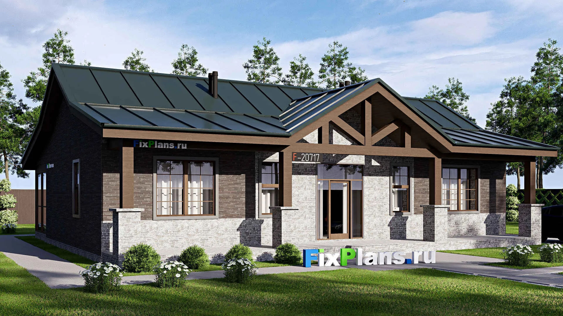 F-20717 - Проект одноэтажного дома 15 на 17, площадью 210 м² с террасой и 3 спальнями