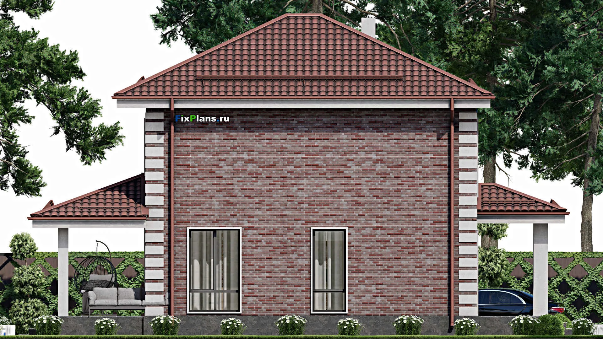 F-2159 - Проект двухэтажного дома 9 на 10, площадью 140 м² с террасой, баней и 3 спальнями