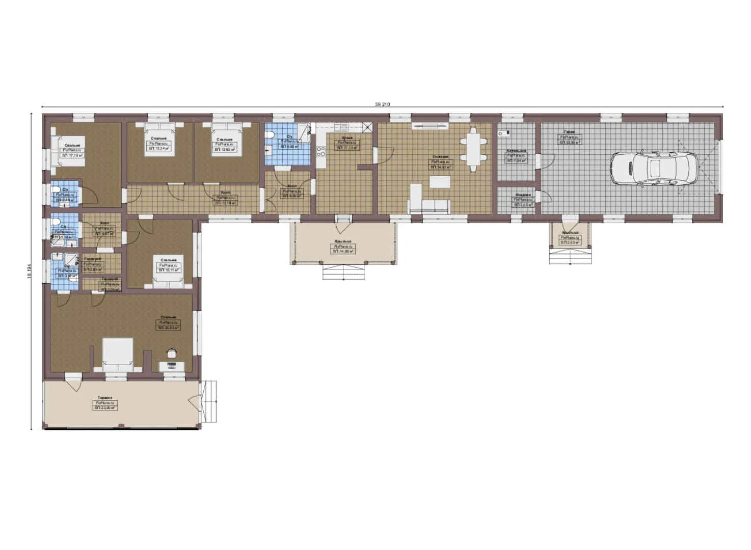 F-8324 - План одноэтажного дома 19 на 40, площадью 300 м² с террасой, гаражом на 2 машины и 5 спальнями