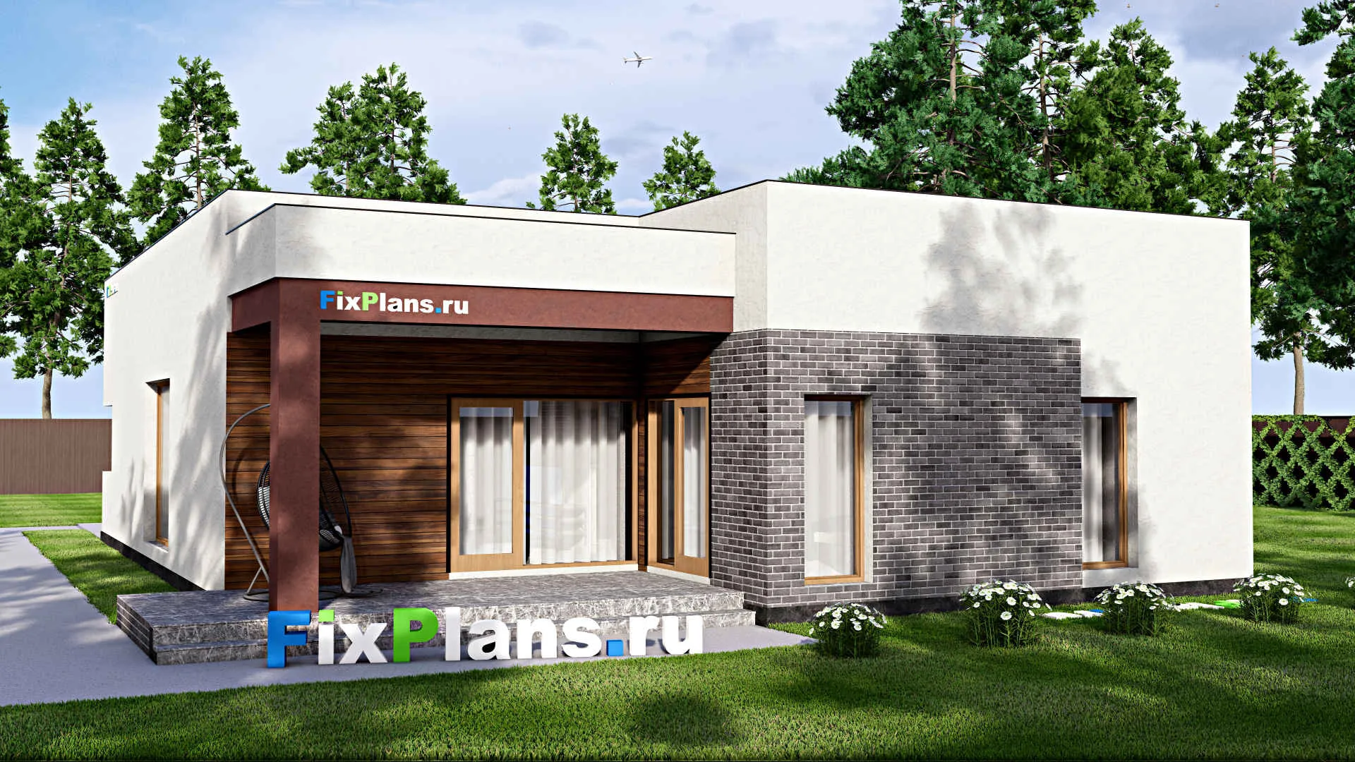 F-16055 - Проект одноэтажного дома 14 на 20, площадью 190 м² с террасой, гаражом на 1 машину и 3 спальнями