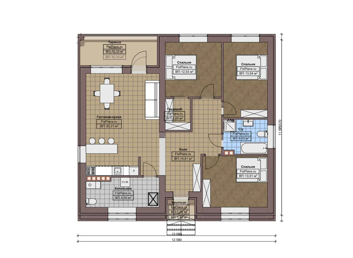 F-6578 - План одноэтажного дома 12 на 13, площадью 120 м² с террасой и 3 спальнями