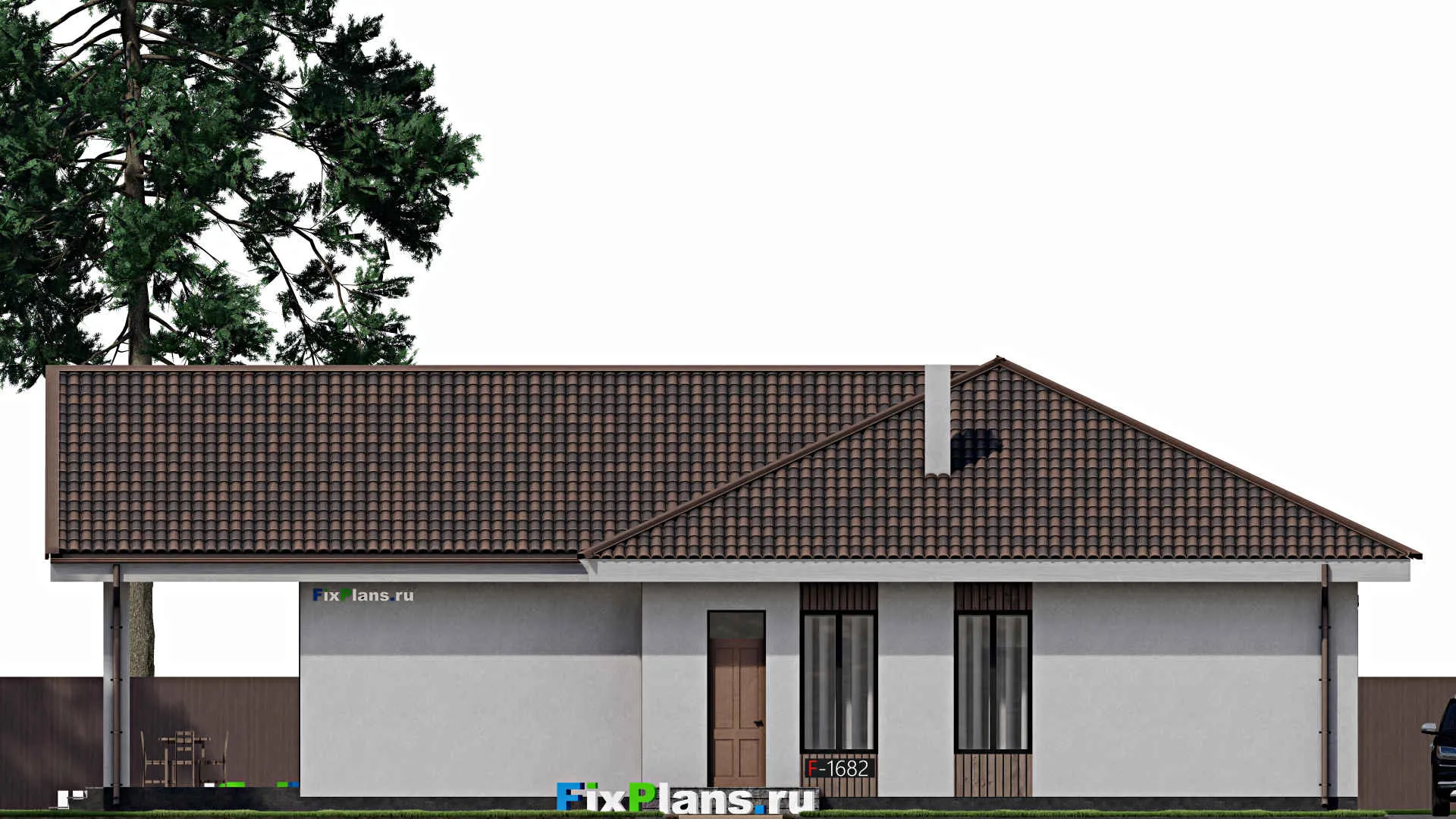 F-1682 - Проект одноэтажного дома 12 на 17, площадью 190 м² с террасой и 3 спальнями