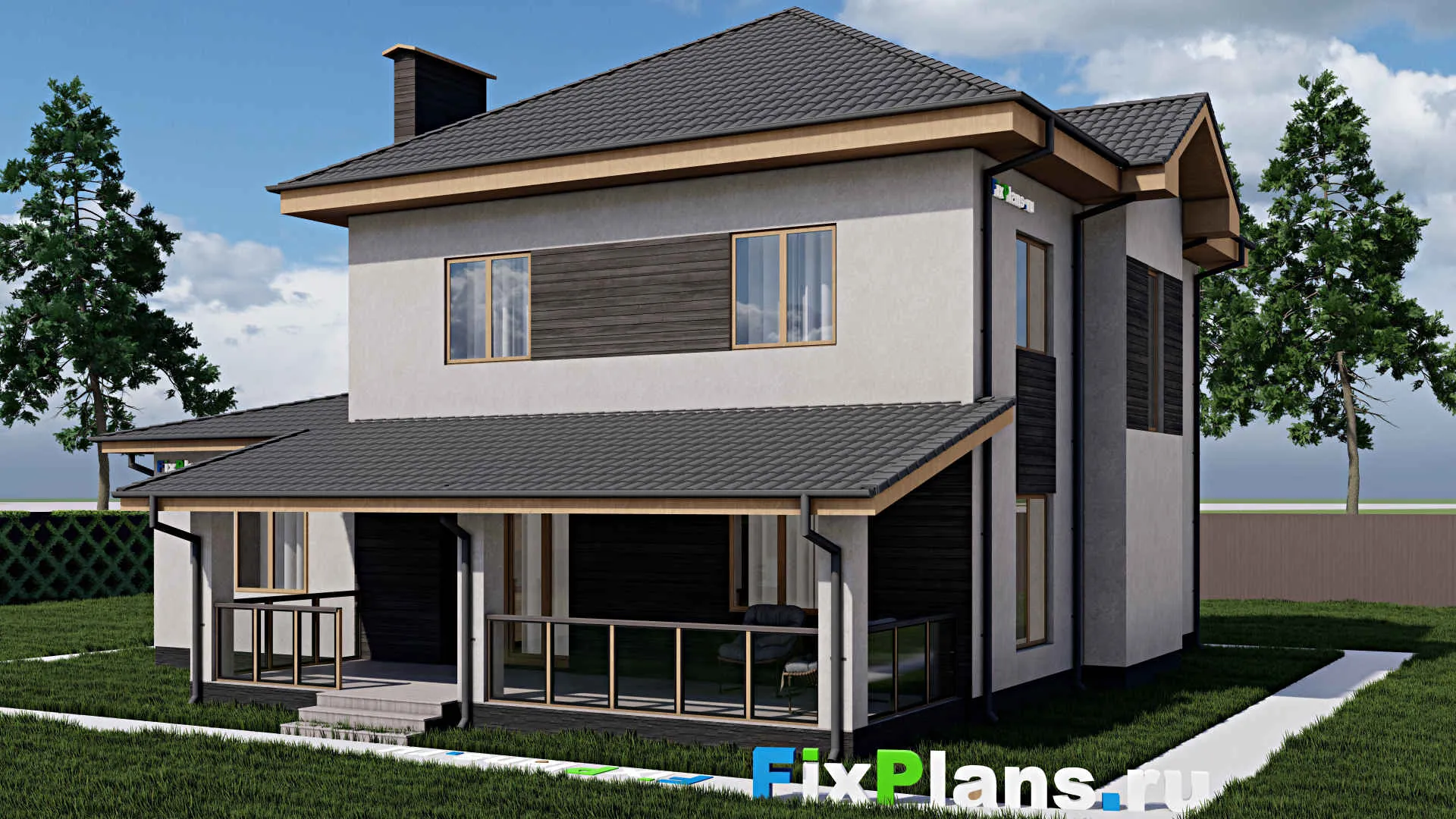 F-0278i - Проект двухэтажного дома 12 на 15, площадью 220 м² с террасой, гаражом на 1 машину и 3 спальнями