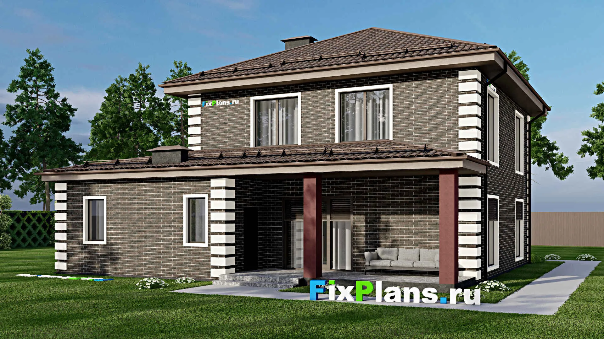 F-7199 - Проект двухэтажного дома 15 на 15, площадью 240 м² с террасой, гаражом на 1 машину и 4 спальнями