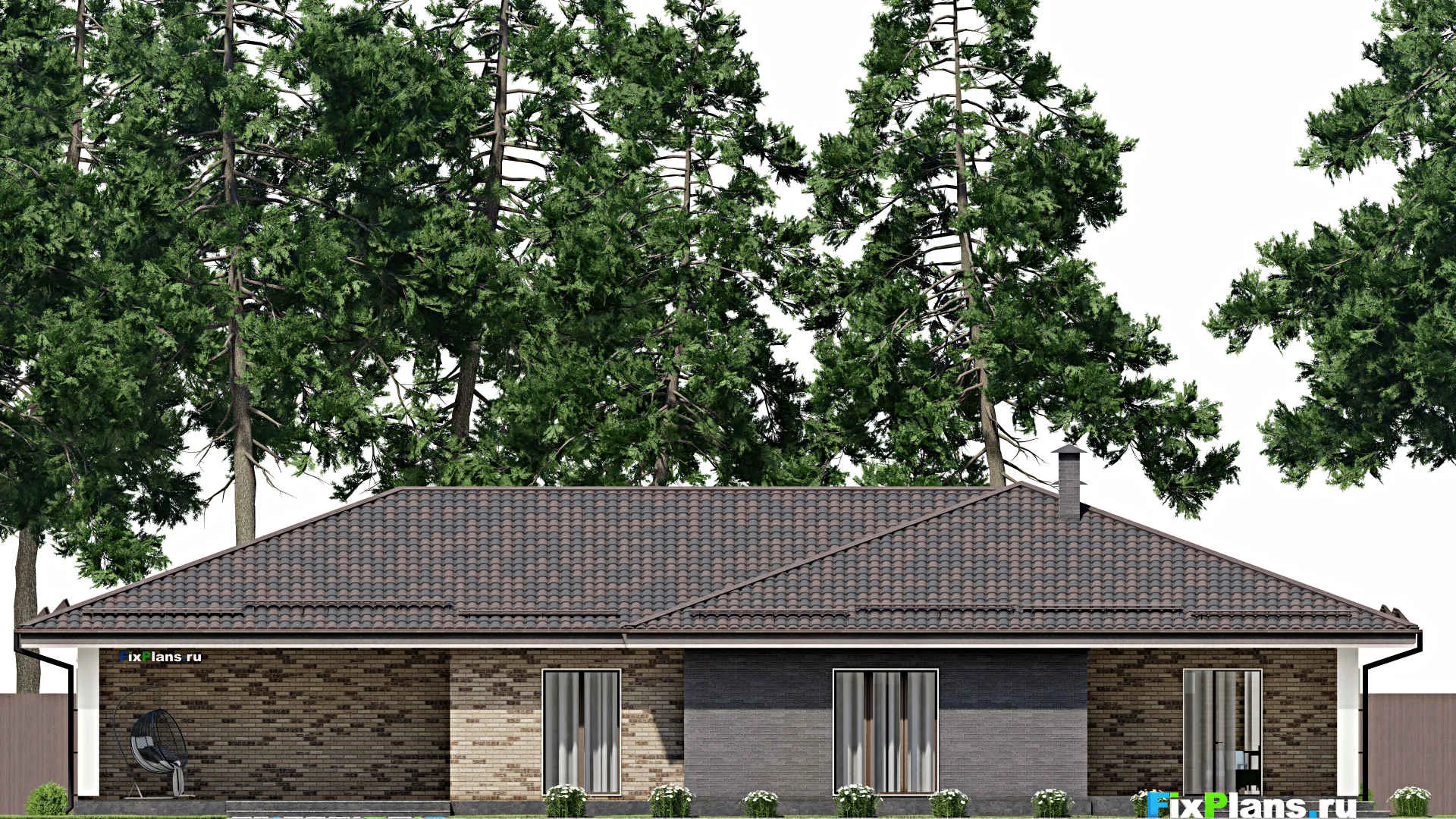 F-6740 - Проект одноэтажного дома 15 на 25, площадью 270 м² с террасой, гаражом на 2 машины и 3 спальнями