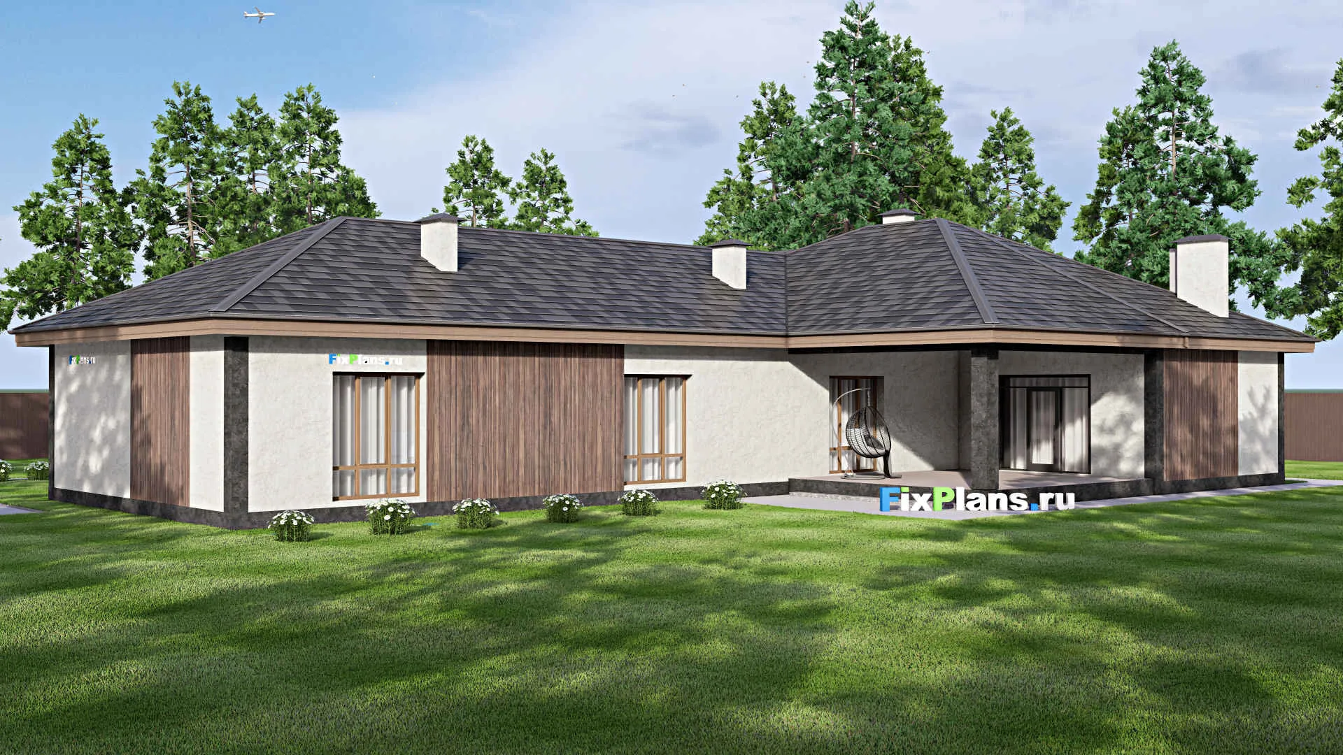 F-13742 - Проект одноэтажного дома 21 на 27, площадью 310 м² с террасой и 3 спальнями