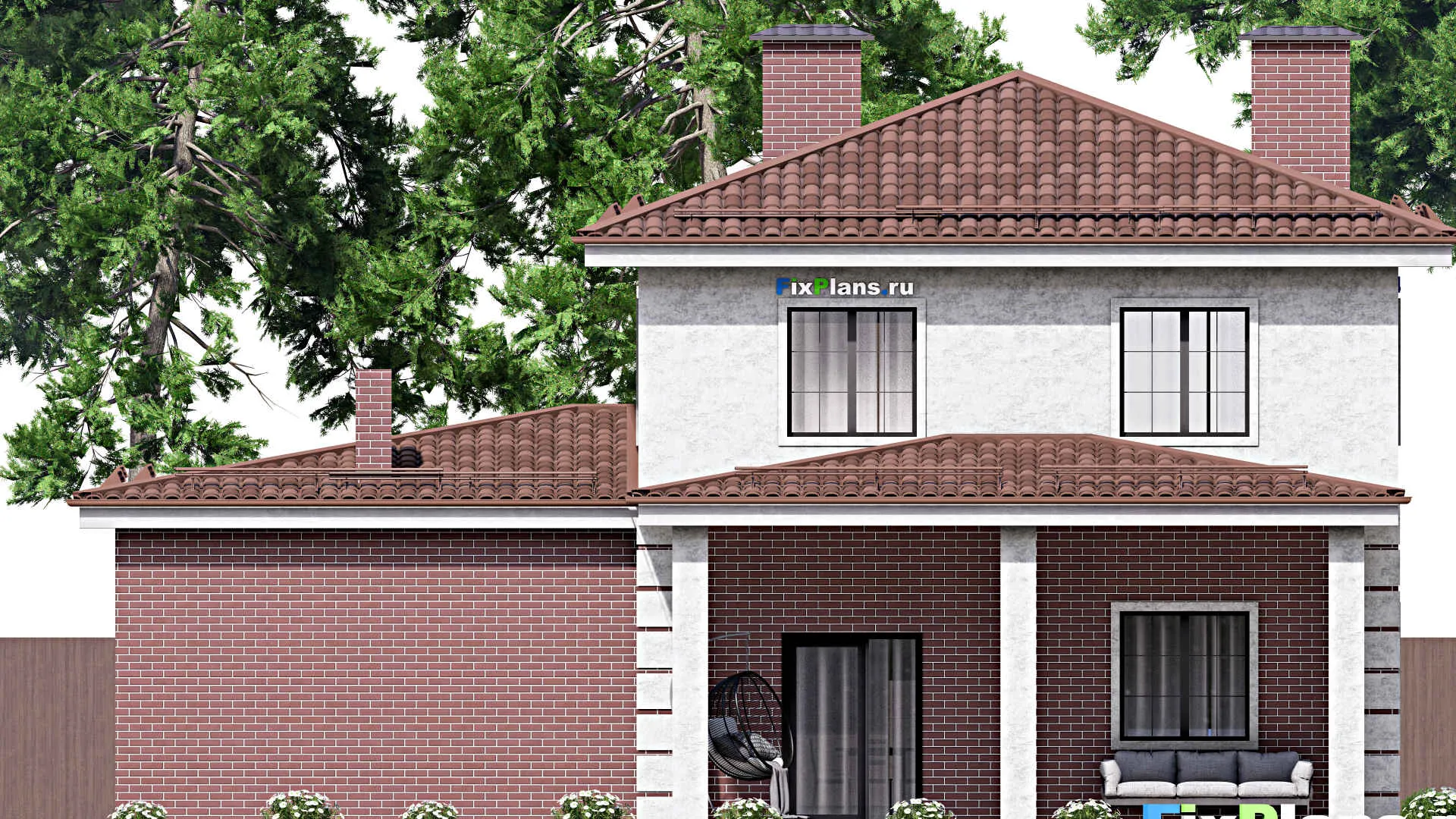 F-13103 - Проект двухэтажного дома 15 на 16, площадью 220 м² с террасой, гаражом на 2 машины и 4 спальнями