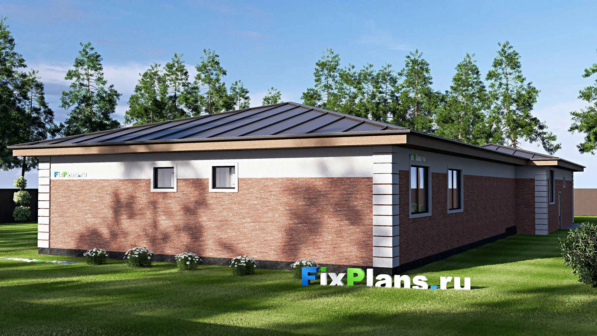 F-18746 - Проект одноэтажного дома 15 на 33, площадью 280 м² с террасой и 4 спальнями