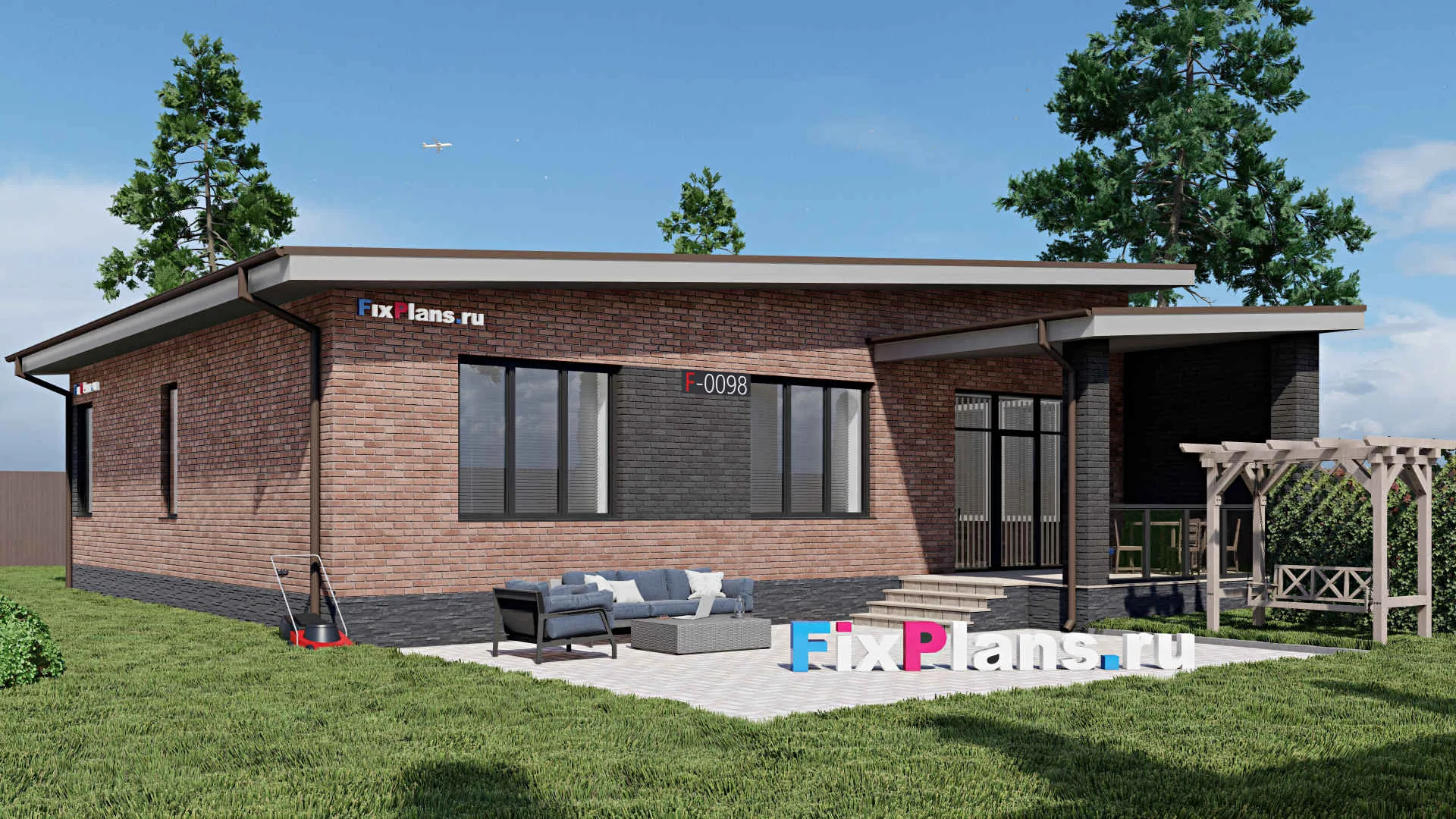 F-0098 - Проект одноэтажного дома 16 на 16, площадью 160 м² с террасой и 3 спальнями