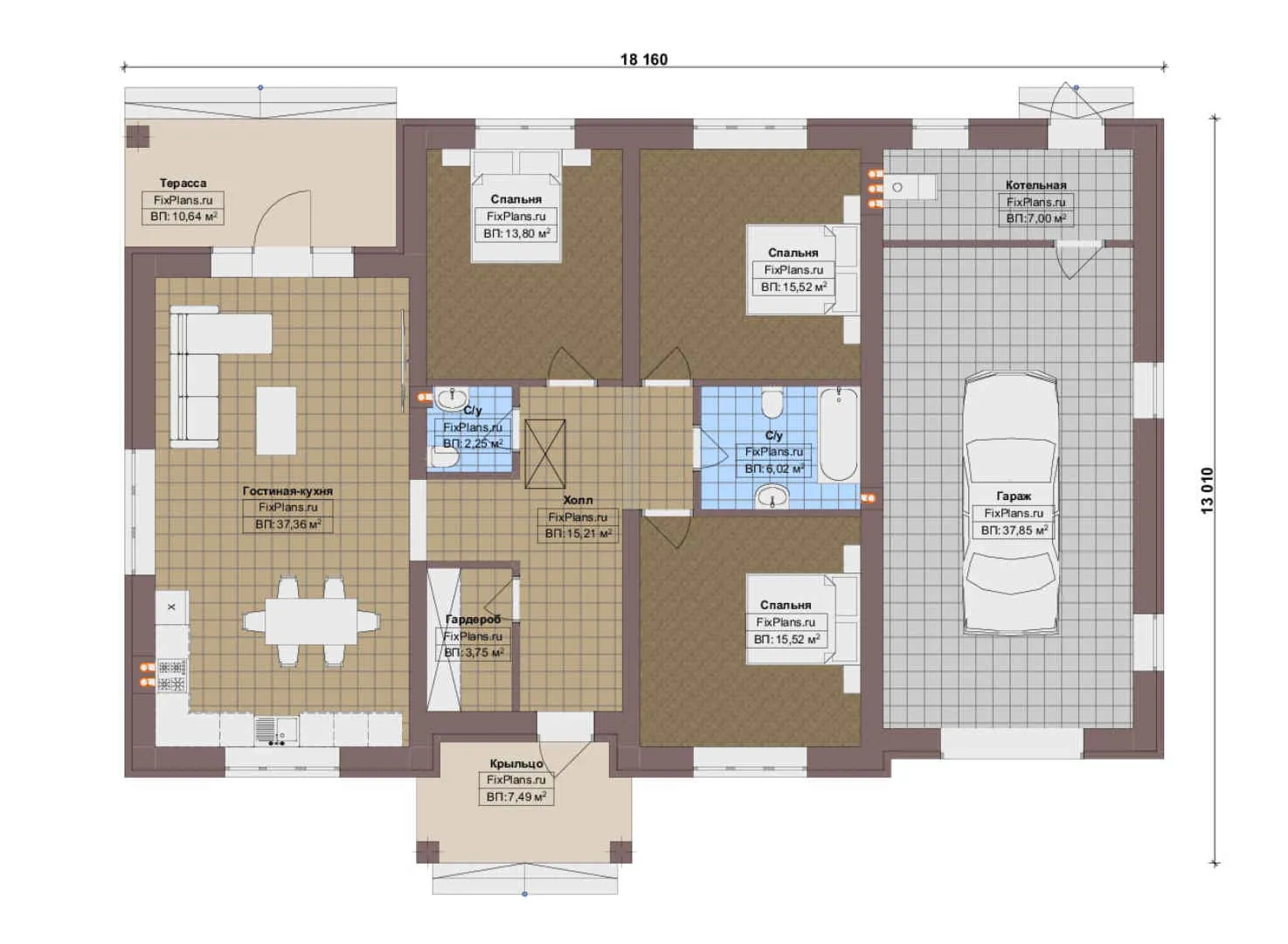 F-17333 - План одноэтажного дома 14 на 19, площадью 180 м² с террасой, гаражом на 2 машины и 3 спальнями