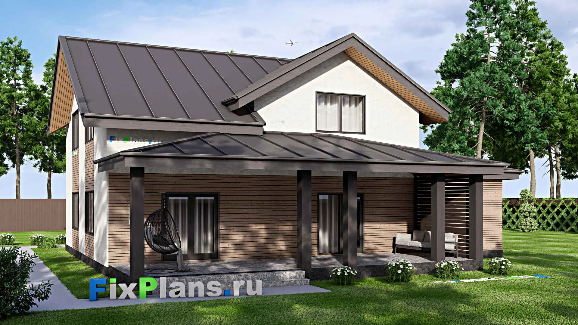 F-13697 - Проект дома с мансардой 16 на 17, площадью 280 м² с террасой, гаражом на 1 машину и 4 спальнями