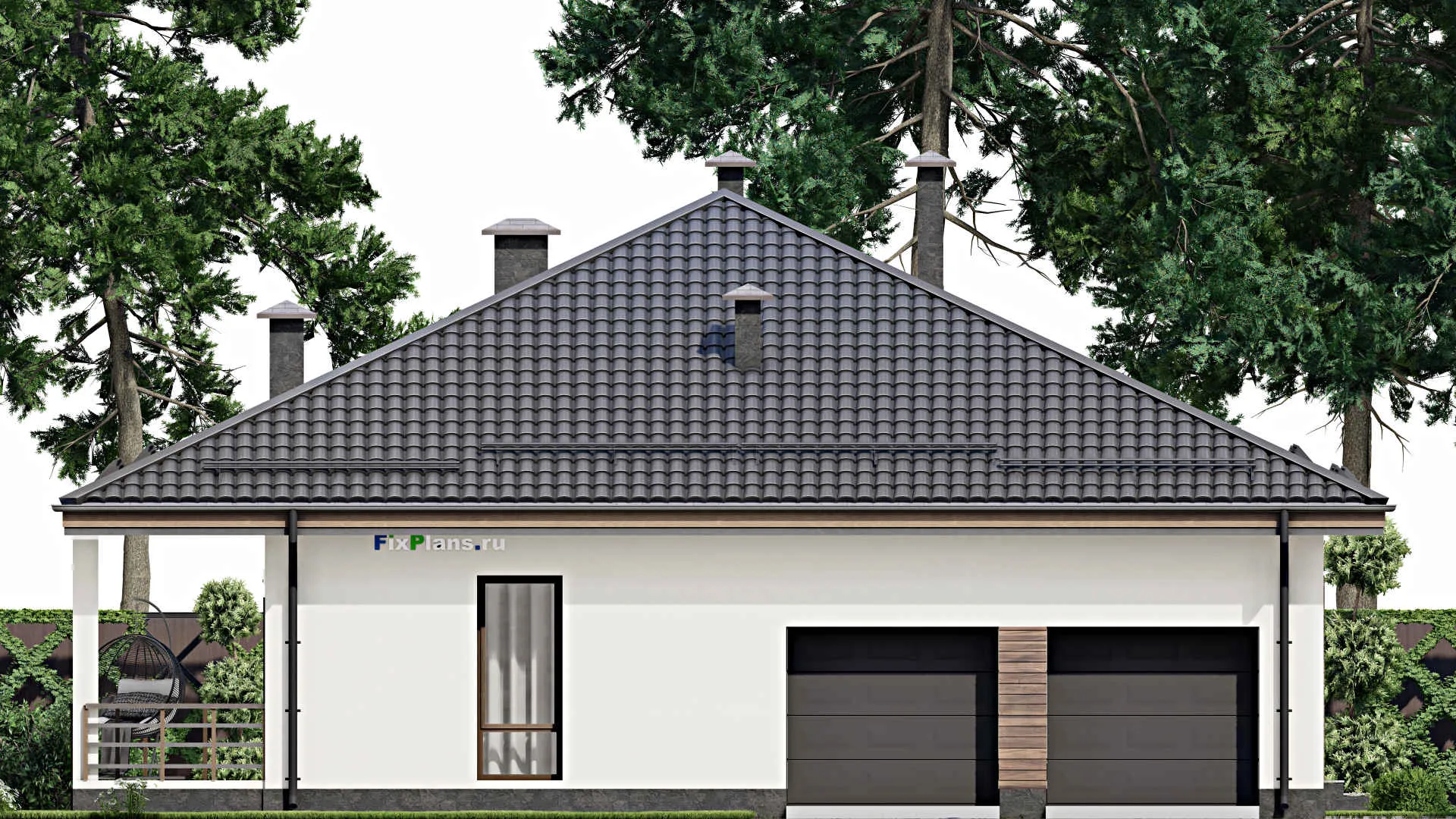 F-5984 - Проект одноэтажного дома 13 на 19, площадью 230 м² с террасой, гаражом на 2 машины и 3 спальнями