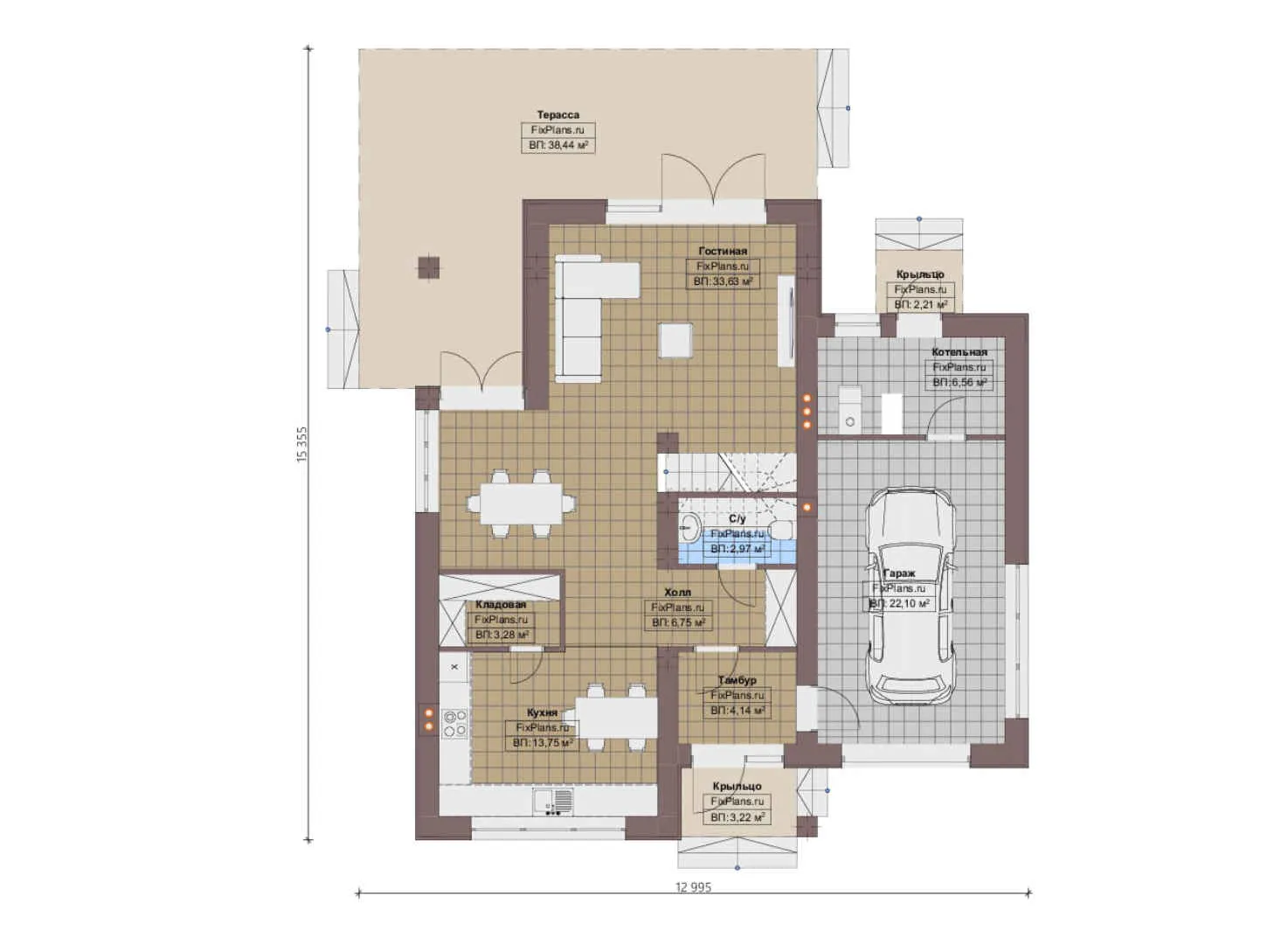 F-16181 - Планы дома с мансардой 13 на 16, площадью 240 м² с террасой, балконом, гаражом на 1 машину и 3 спальнями