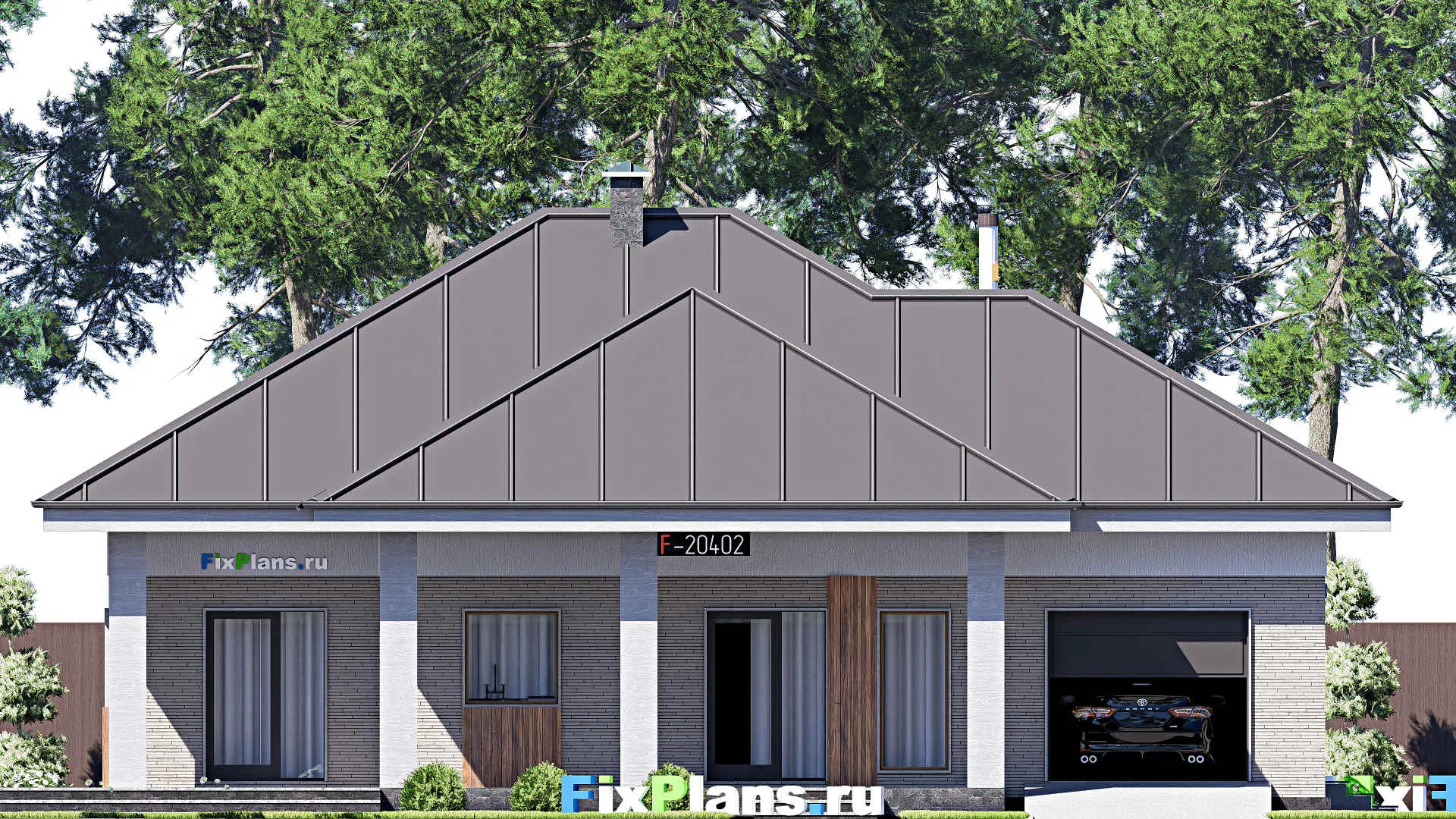 F-20402 - Проект одноэтажного дома 16 на 22, площадью 270 м² с террасой, гаражом на 1 машину и 3 спальнями