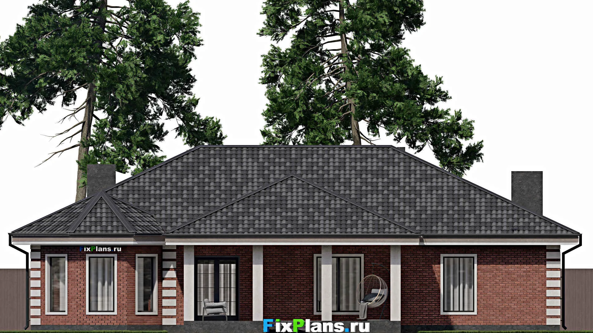 F-1358 - Проект одноэтажного дома 13 на 20, площадью 240 м² с террасой, гаражом на 1 машину и 2 спальнями